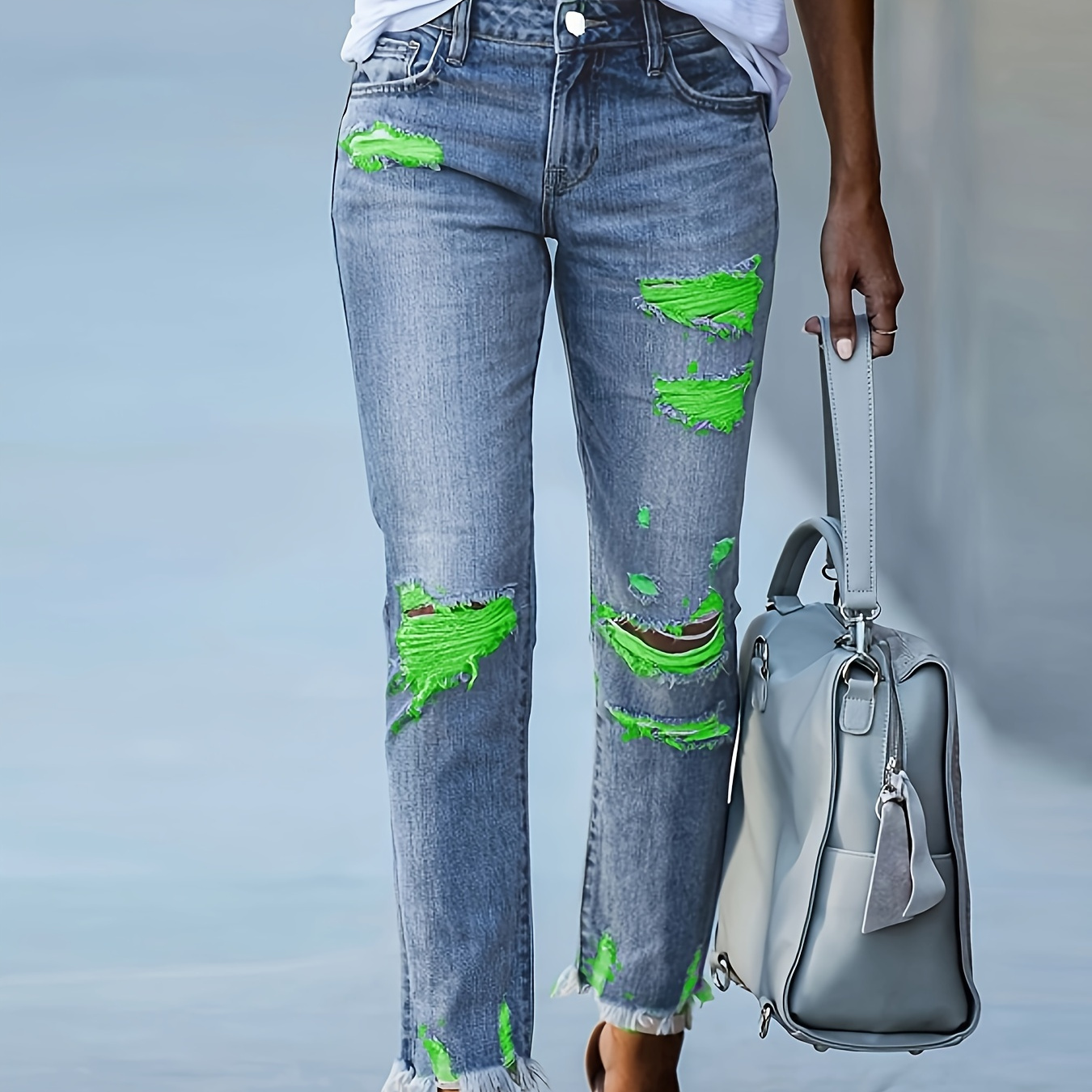 

Green Dye Ripped Raw Hem Plain Washed Blue Versatile Jeans Denim Pants, Women's Denim Jeans & Clothing