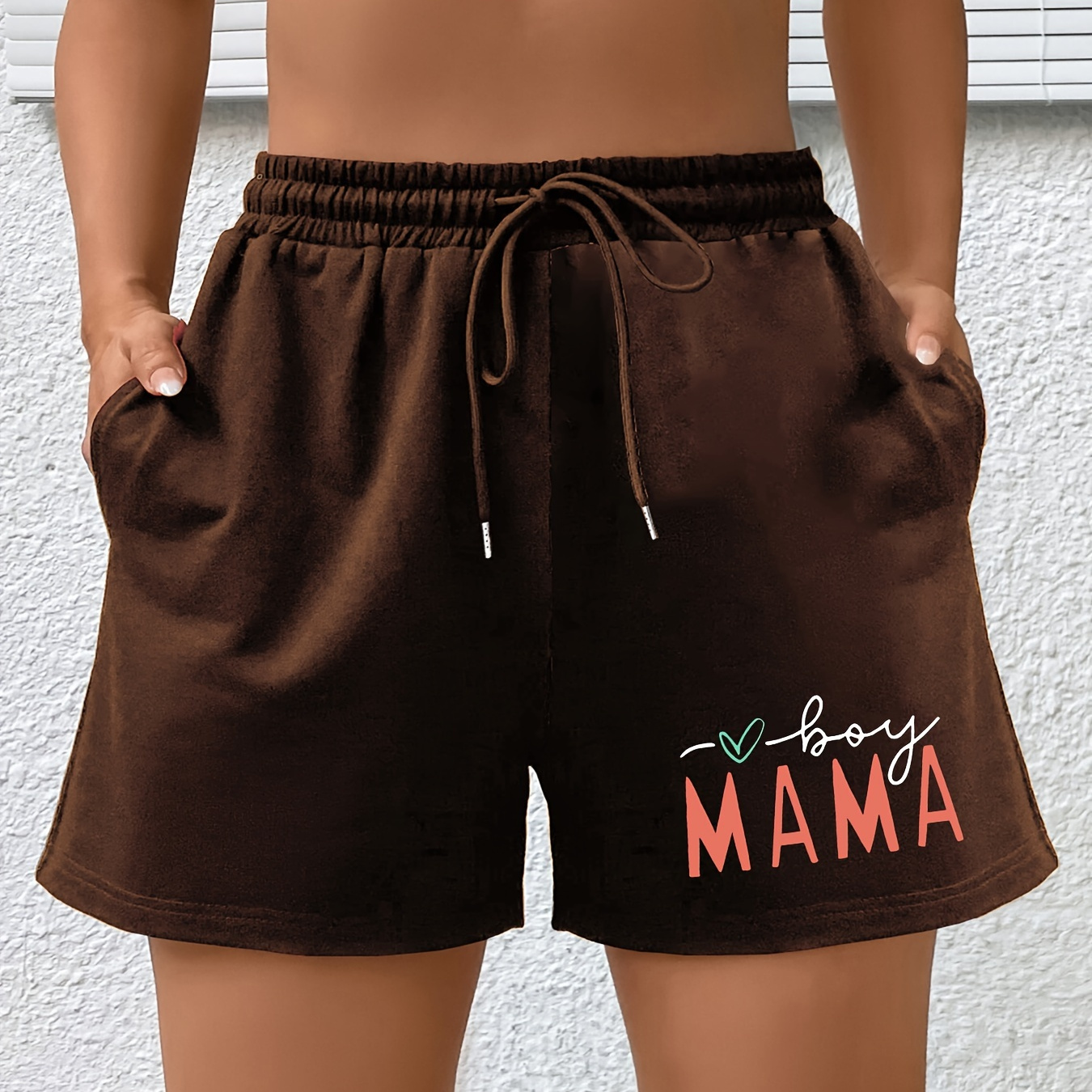 

Women's Plus Sports Shorts, Plus Size Mama Letter Print Elastic Drawstring High Rise Shorts With Pockets