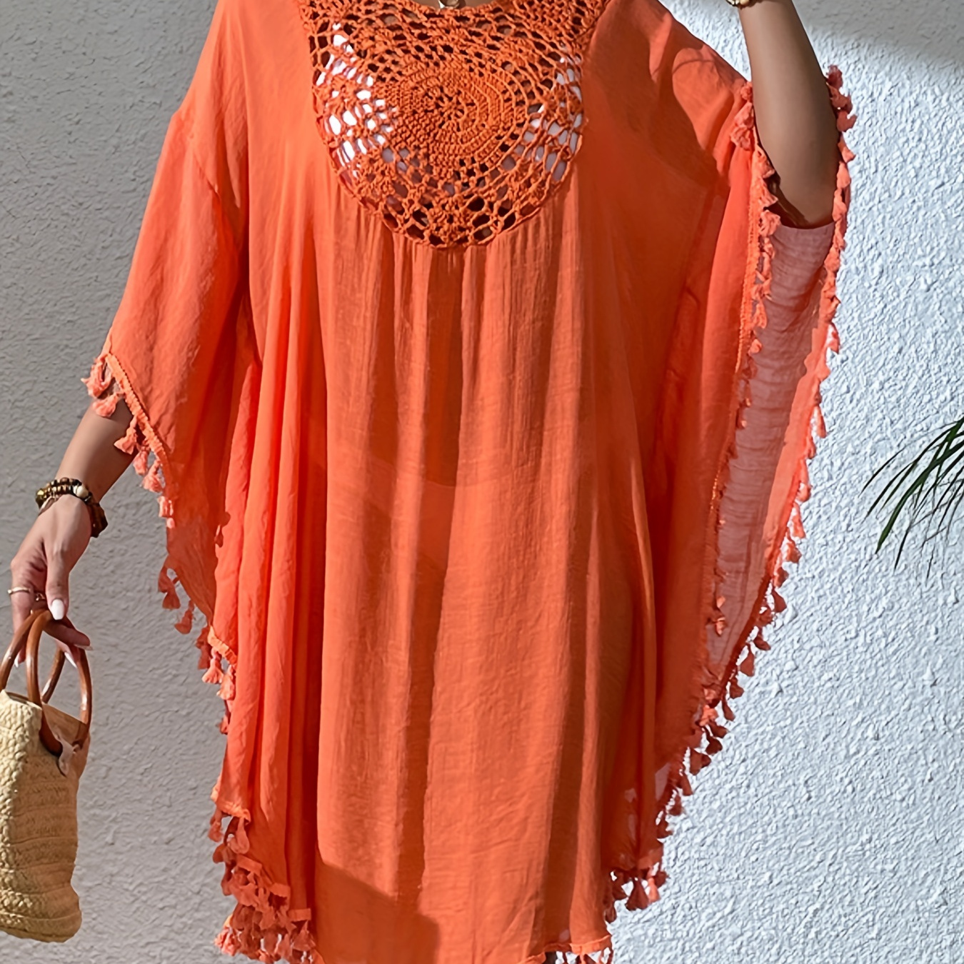 

Women's Bohemian Orange Tassel Beach Cover-up, Bamboo Texture Fabric With Hand-crocheted Detail, Sexy Loose Fit Bikini Swimsuit Cover