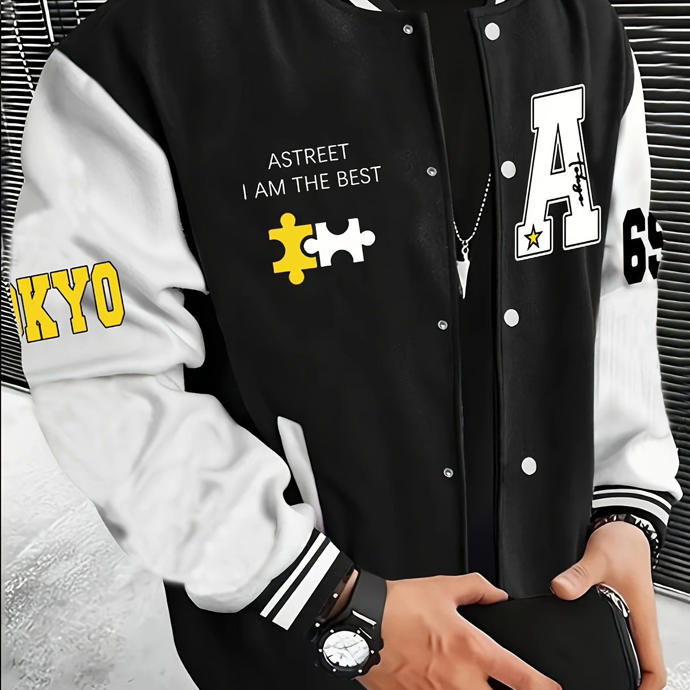 

Men's Casual Color-block Varsity Jacket With Letter A-69 Print - Polyester, Baseball Collar, Zip-up, Pockets Included - Fall/winter Casual Attire