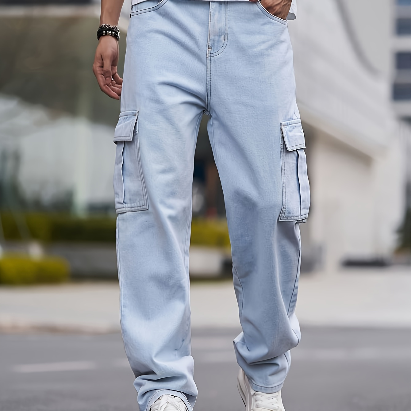 

Men's Loose Fit Wide Leg Cargo Jeans, Men's Stylish Comfy Denim Pants With Pockets, Street Style Fashion