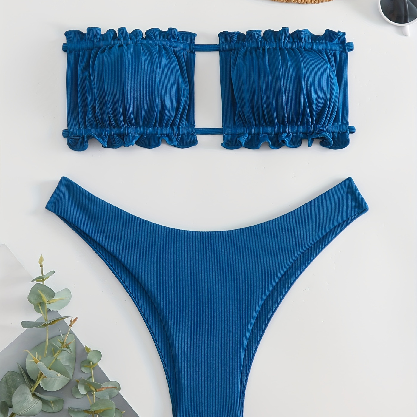 

Solid Color Rib Knit 2 Piece Set Bikini, Ruffle Hollow Out Tie Back Bandeau Stretchy Swimsuits, Women's Swimwear & Clothing