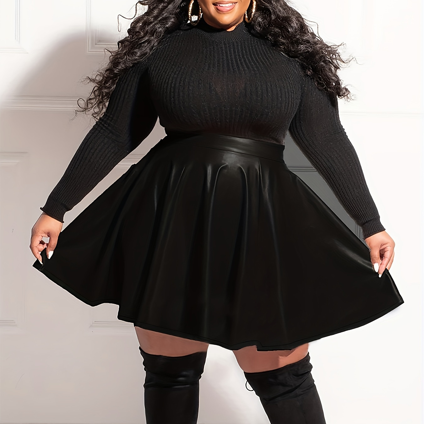 

Plus Size Elegant Flared Pu Leather Skirt, 65% Polyester 35% Polyurethane, Solid Color, Slight Stretch, Zipper Detail, Wear