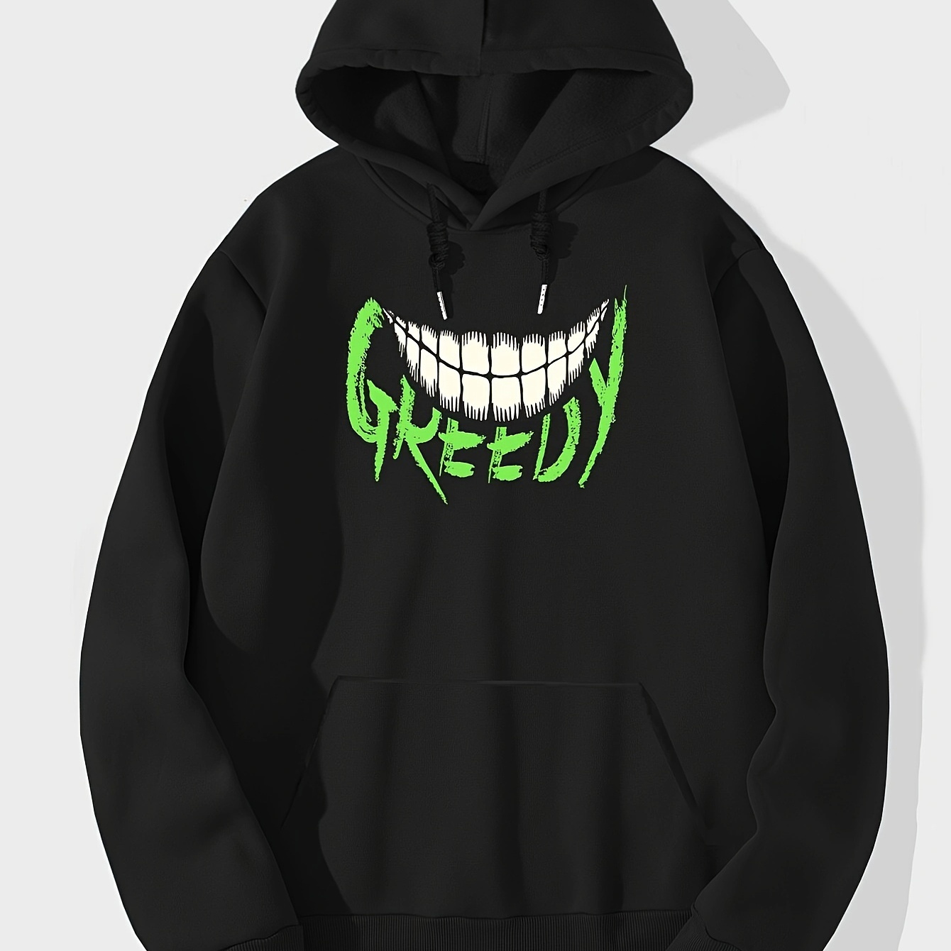 

greedy" Grimace Drawstring Hoodie With Kangaroo Pocket, Men's Casual Letter Print Long Sleeve Solid Color Slightly Stretch Pullover Hooded Sweatshirt For Spring Fall Drop Shoulder Hoodies