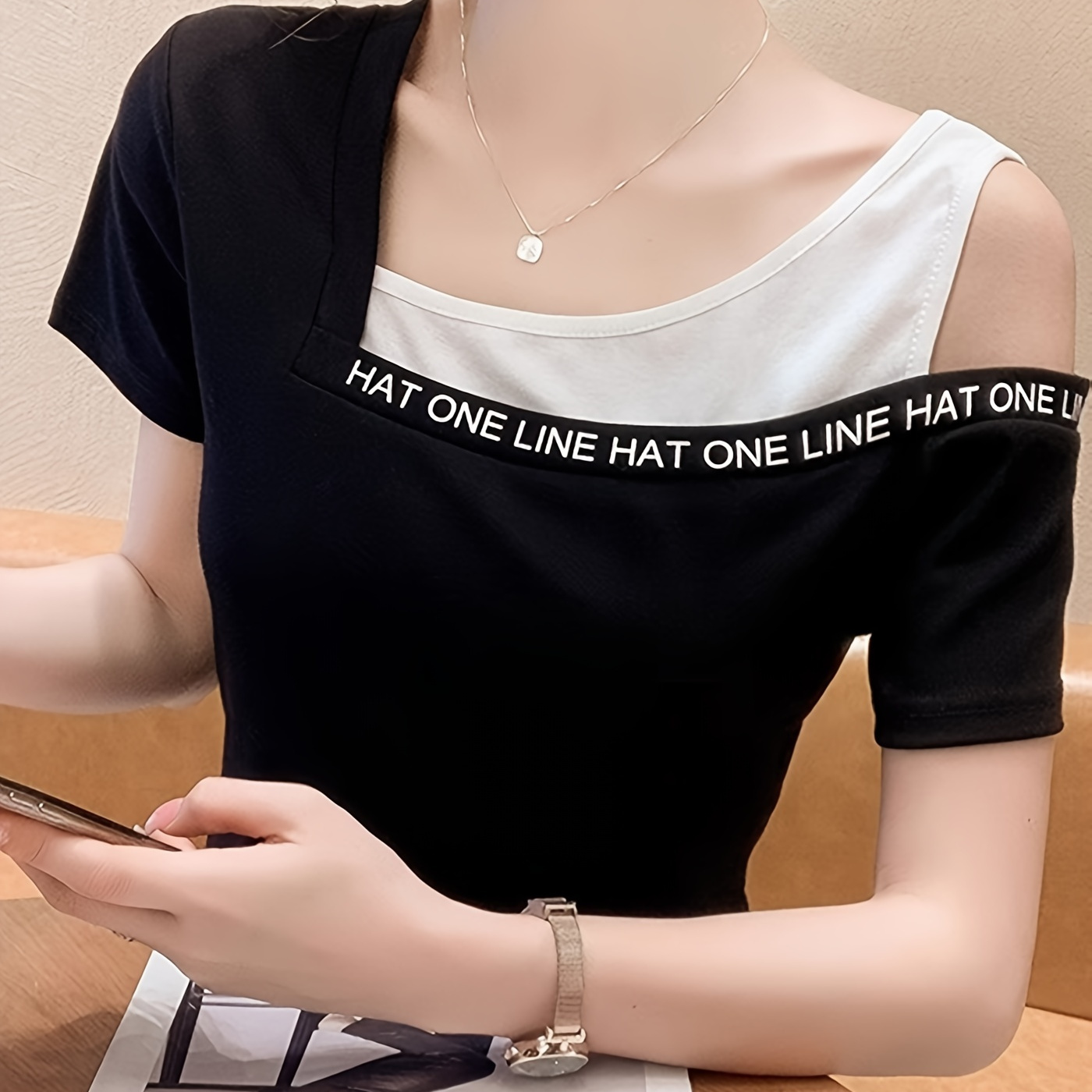 

Letter Print Color Block T-shirt, Casual Asymmetrical Neck Short Sleeve Top For Spring & Summer, Women's Clothing