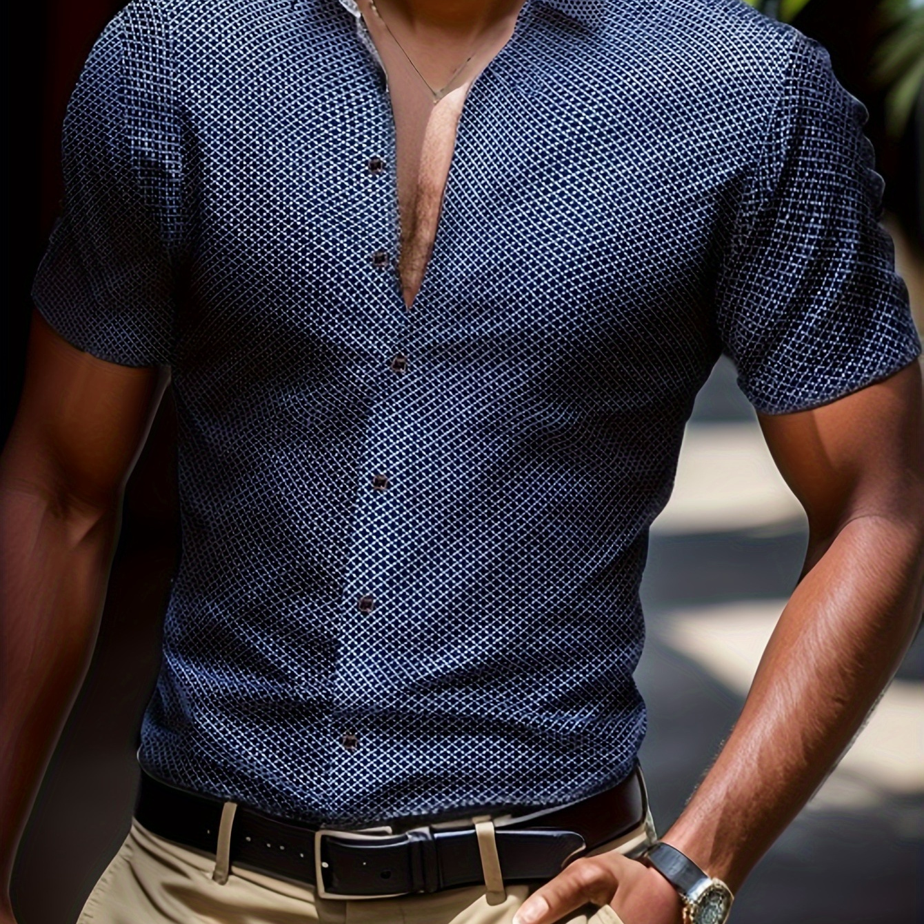 

Men's Short Sleeve Lapel Collar T-shirt With Geometric Pattern Print For Summer