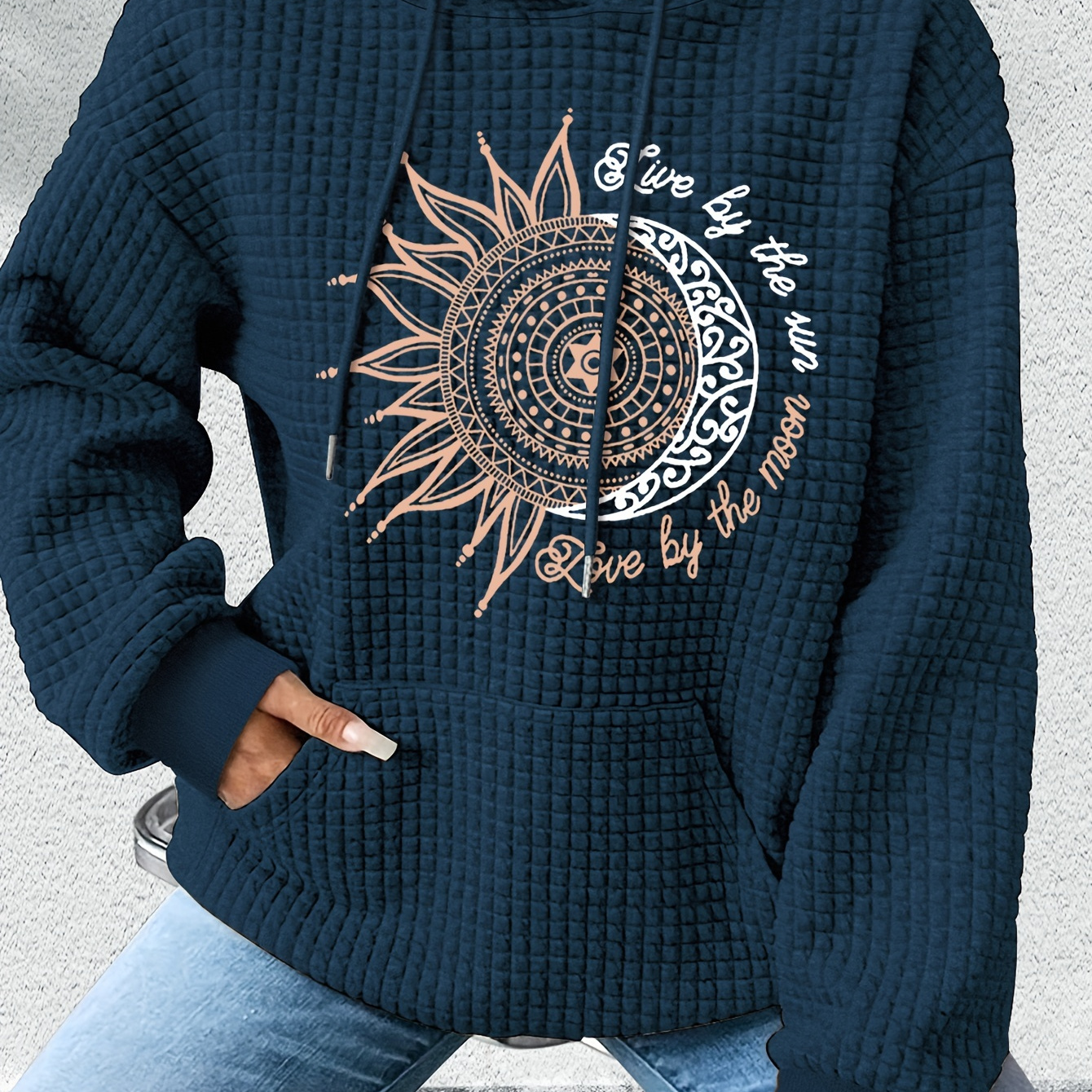 

Women's Casual Waffle Knit Hoodie With Applique Sun And Moon Graphics - Polyester Blend, Long Sleeve, Loose Fit Pullover For Fall/winter