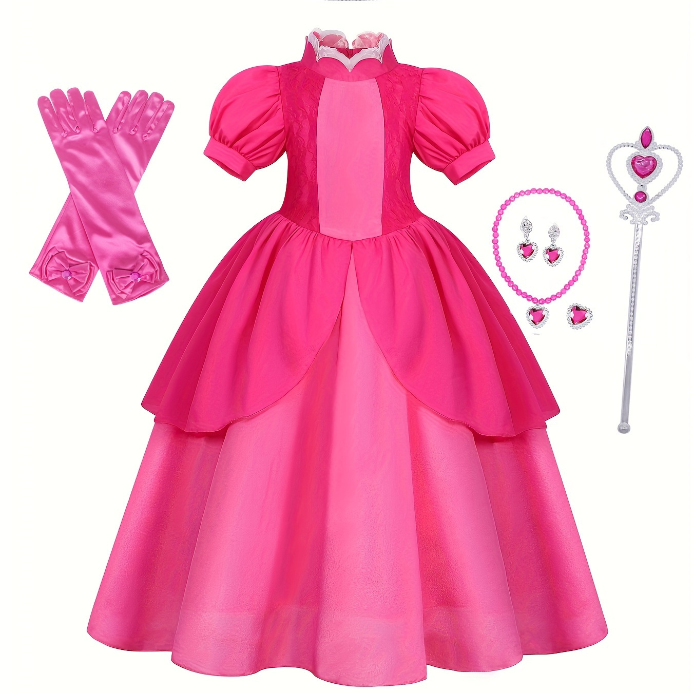 Girls Princess Dress High Waist Puff Sleeve Girls Dress Up Halloween Party Dress With Crown Necklace Earrings Gloves Accessories, Light Pink