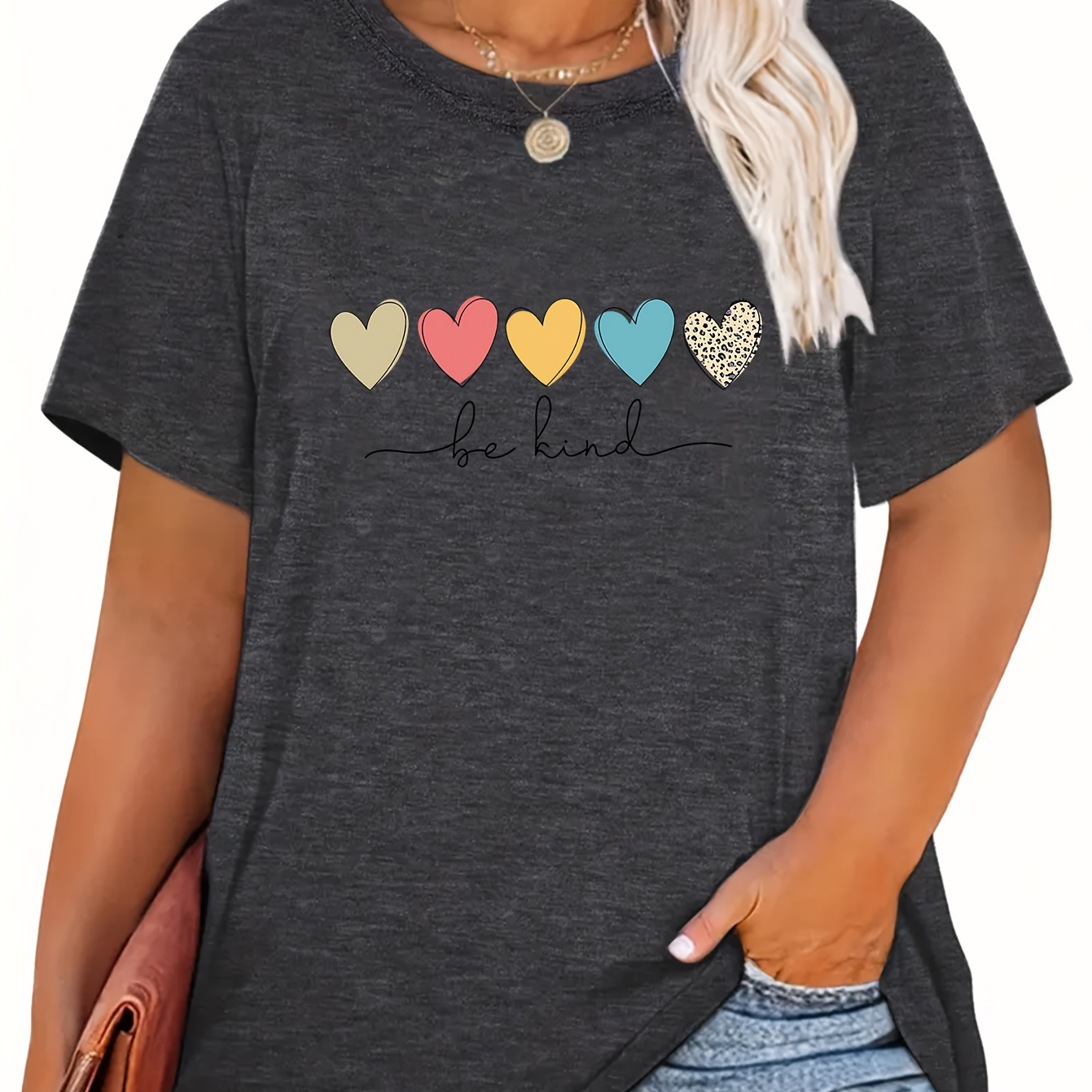 

Plus Size Casual T-shirt, Women's Plus Heart & Slogan Print Short Sleeve Round Neck Medium Stretch T-shirt