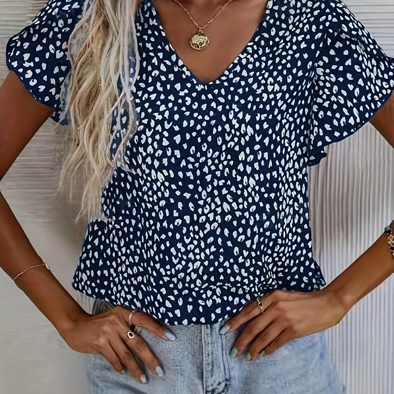 

Blouse à col en V à imprimé intégral, élégant haut à manches courtes pour le printemps et l'été, vêtements pour femmes