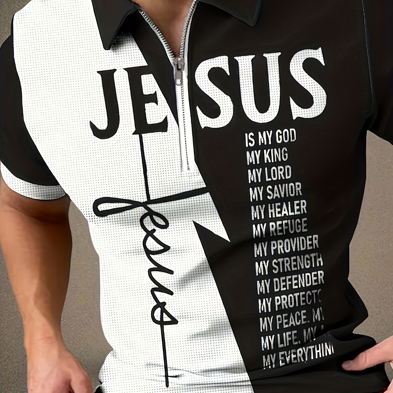 "JESUS" Pattern Print Men's Casual Short Sleeve 1/4 Zipper Graphic Shirts, Lapel Collar Tops Pullovers, Men's Clothing