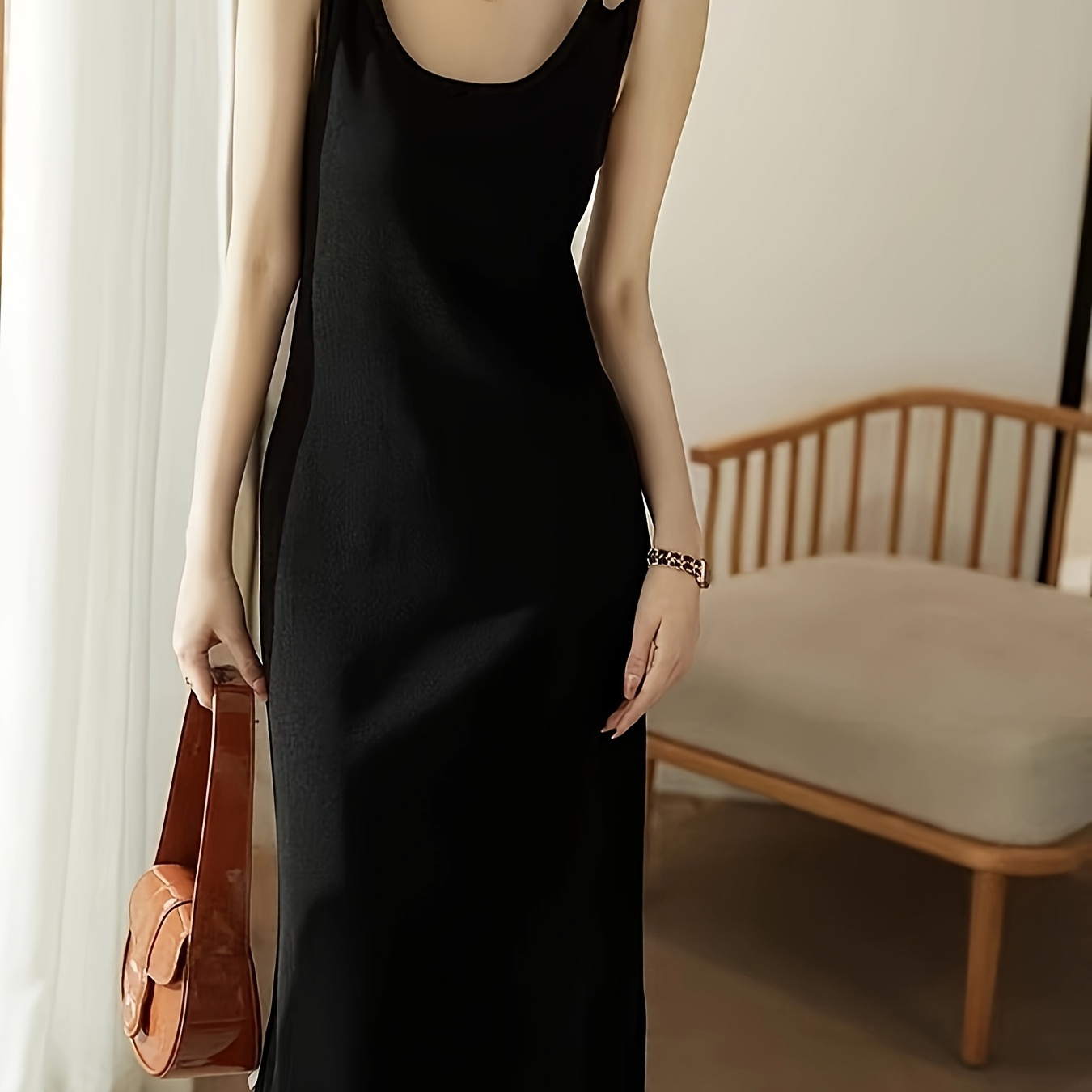 

Double Straps Solid Dress, Elegant Sleeveless Crew Neck Slim Midi Dress For Summer & Spring, Women's Clothing