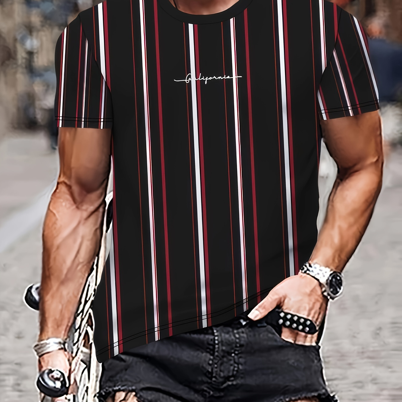 

Men's Striped T-shirt, Casual Short Sleeve Crew Neck Tee, Men's Clothing For Outdoor