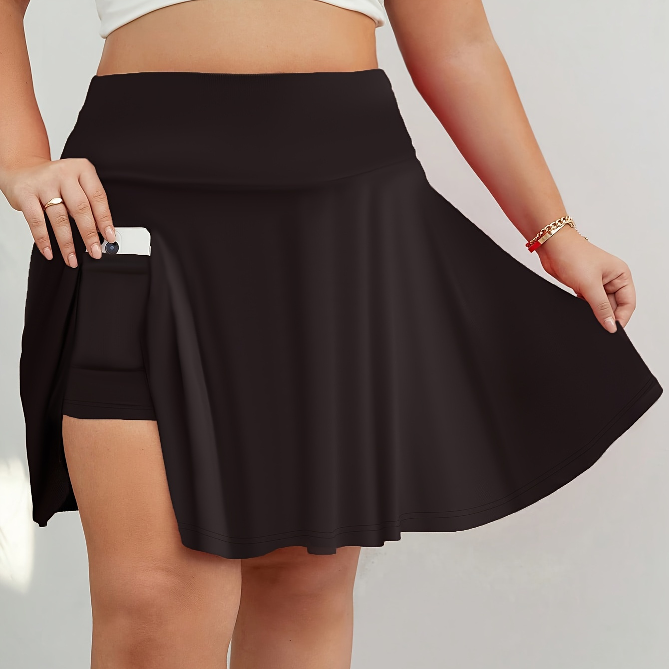 

Plus Size Flared Skirt With Pockets - Casual Knit Polyester And Elastane , Medium Stretch, Solid Color, Fall Season Style