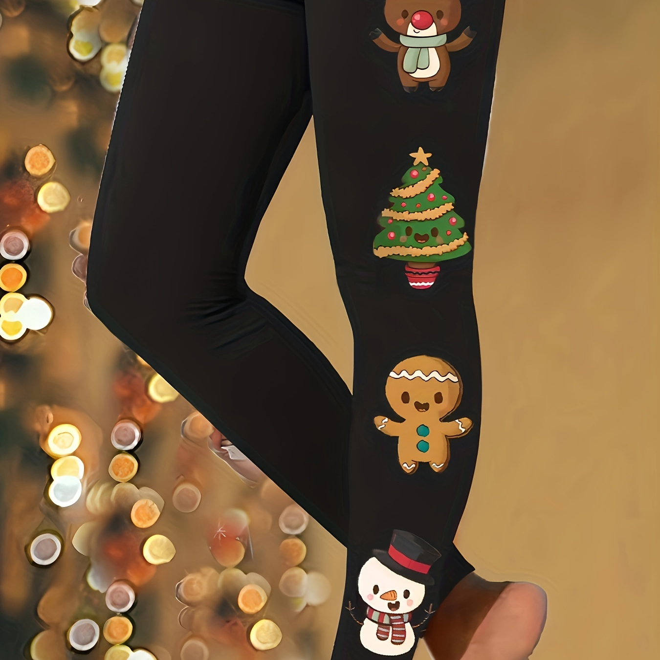 

Christmas Print Skinny Leggings, Cute Elastic Waist Stretchy Leggings, Women's Clothing