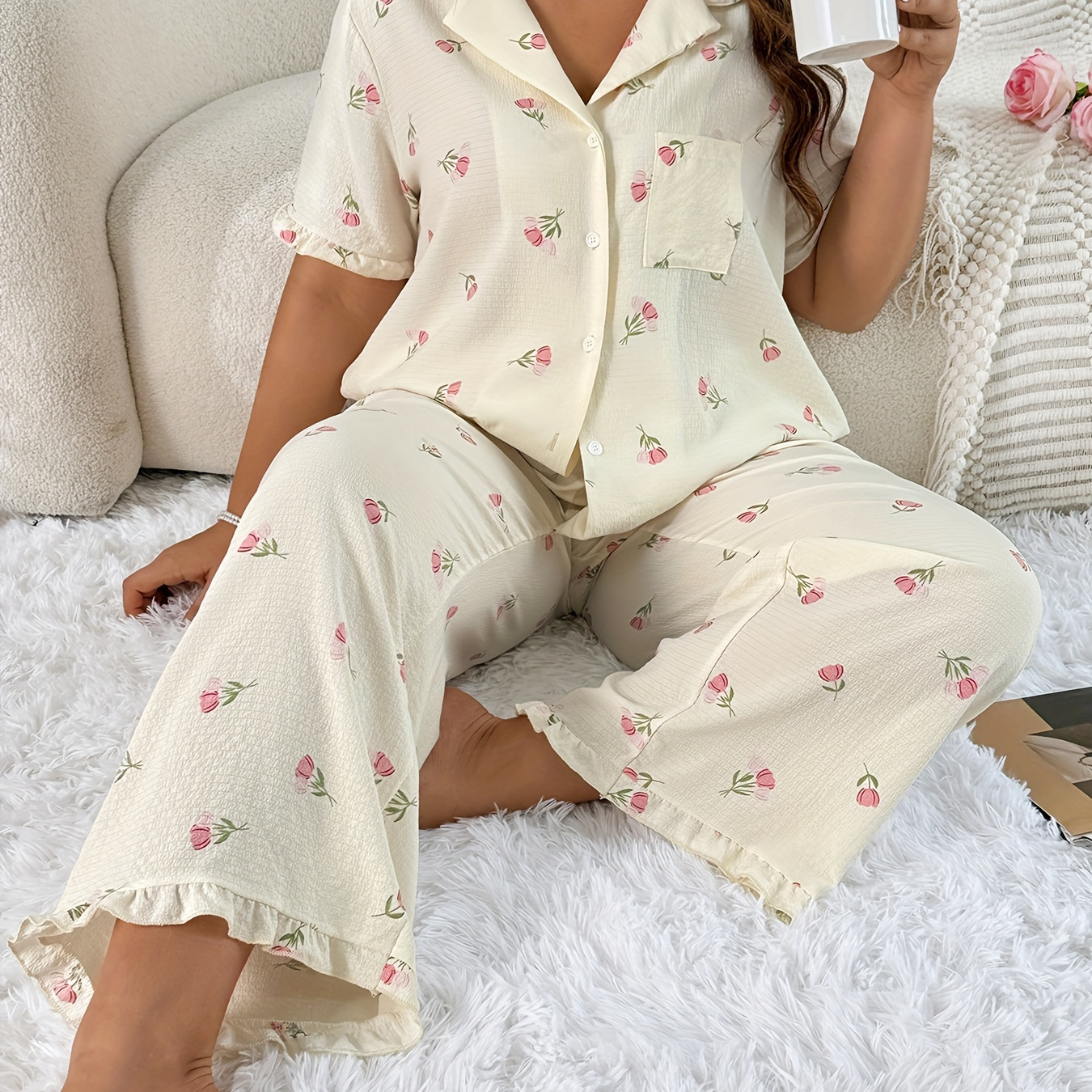 

Women's Plus Size Floral Print Pajama Set With Ruffle Trim And Button- - Comfy Polyester, Machine Washable