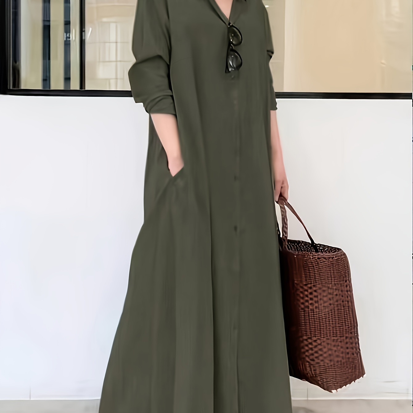 

Elegant Solid Color Shirt Dress For Women - Polyester, Machine Washable, Non-sheer With Lapel Collar, All