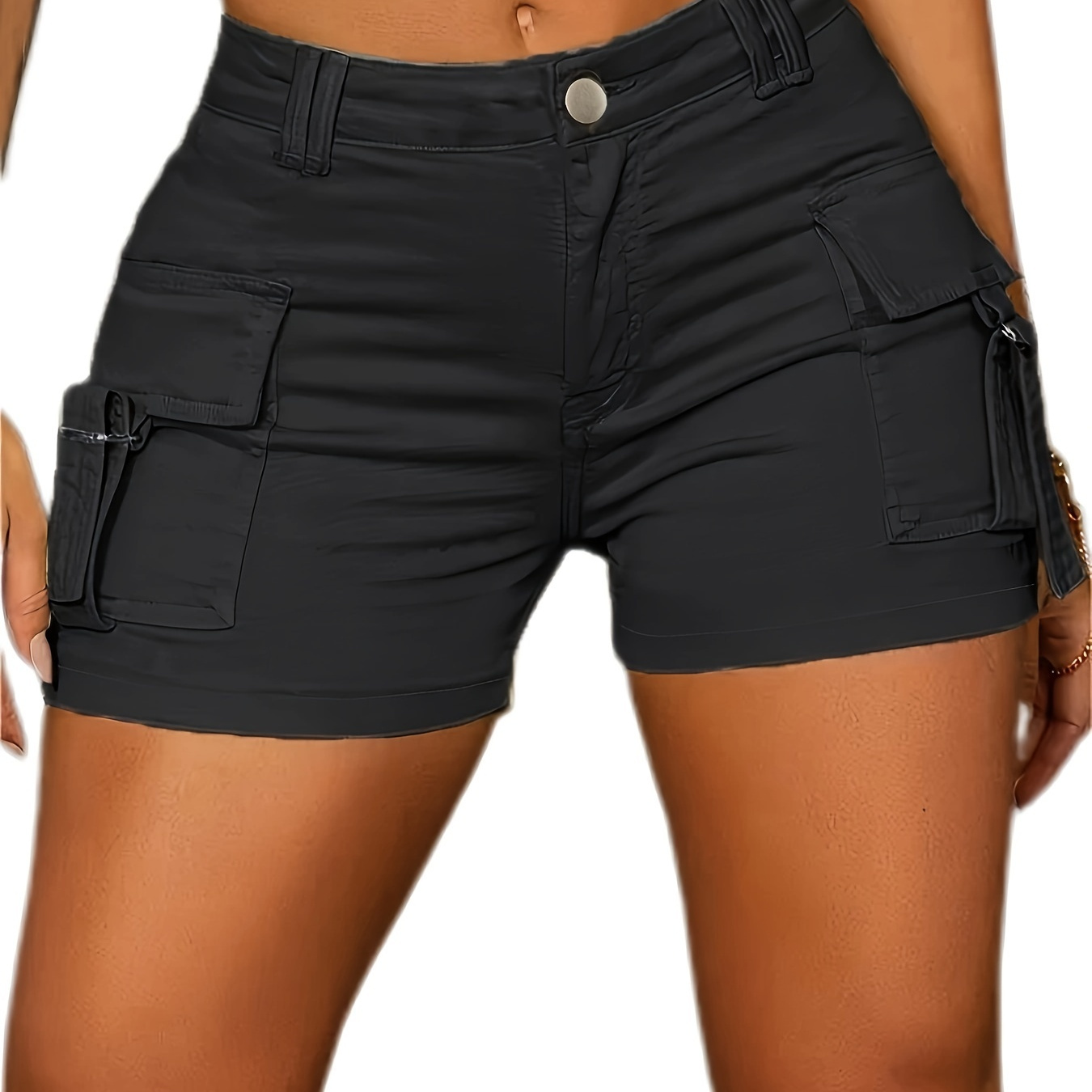 

Women's Slim Fit Stretch Denim Cargo Pocket Plain Shorts, Casual Style, Fashionable Summer Wear