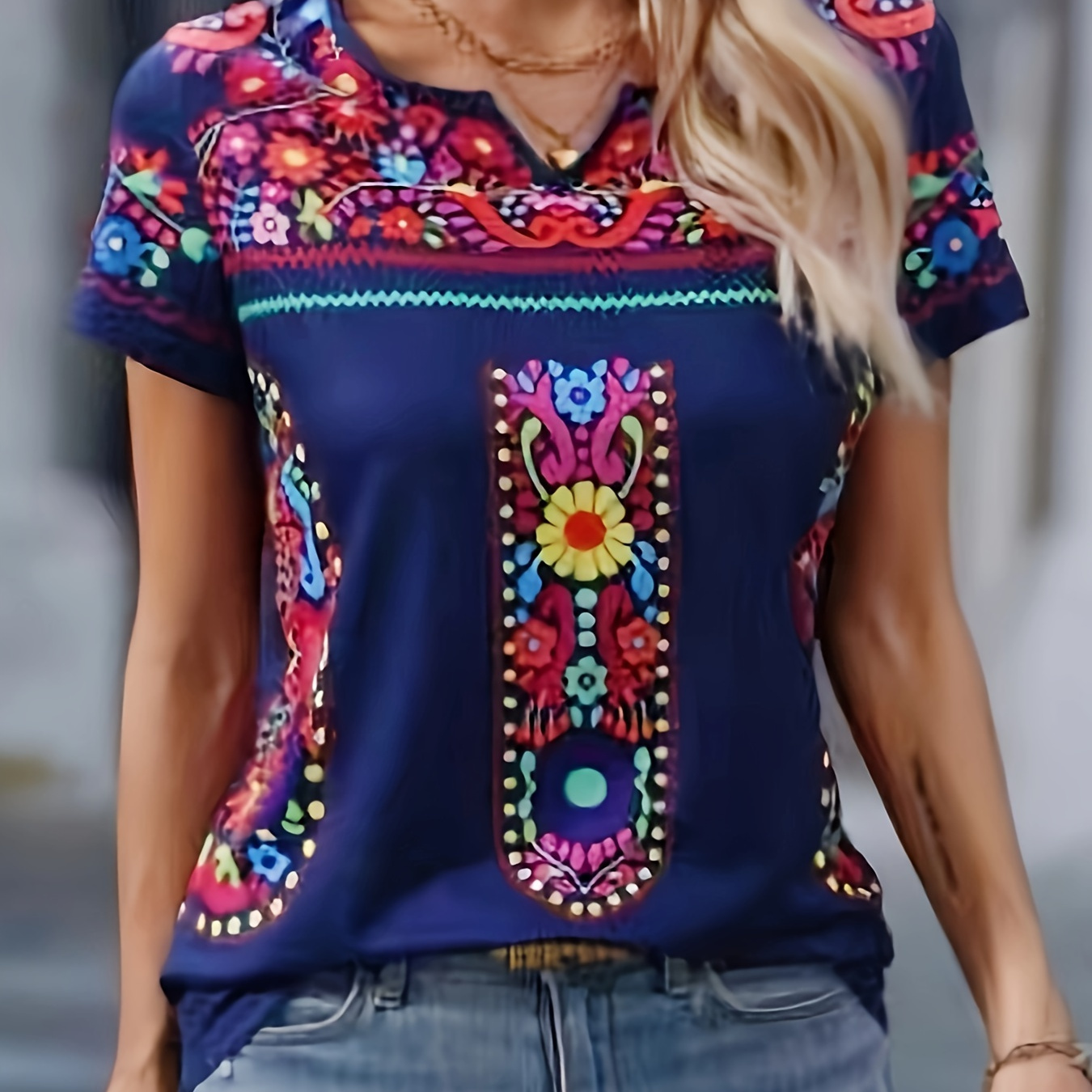 

Mexican Floral Print Notched Neck T-shirt, Casual Short Sleeve Top For Spring & Summer, Women's Clothing