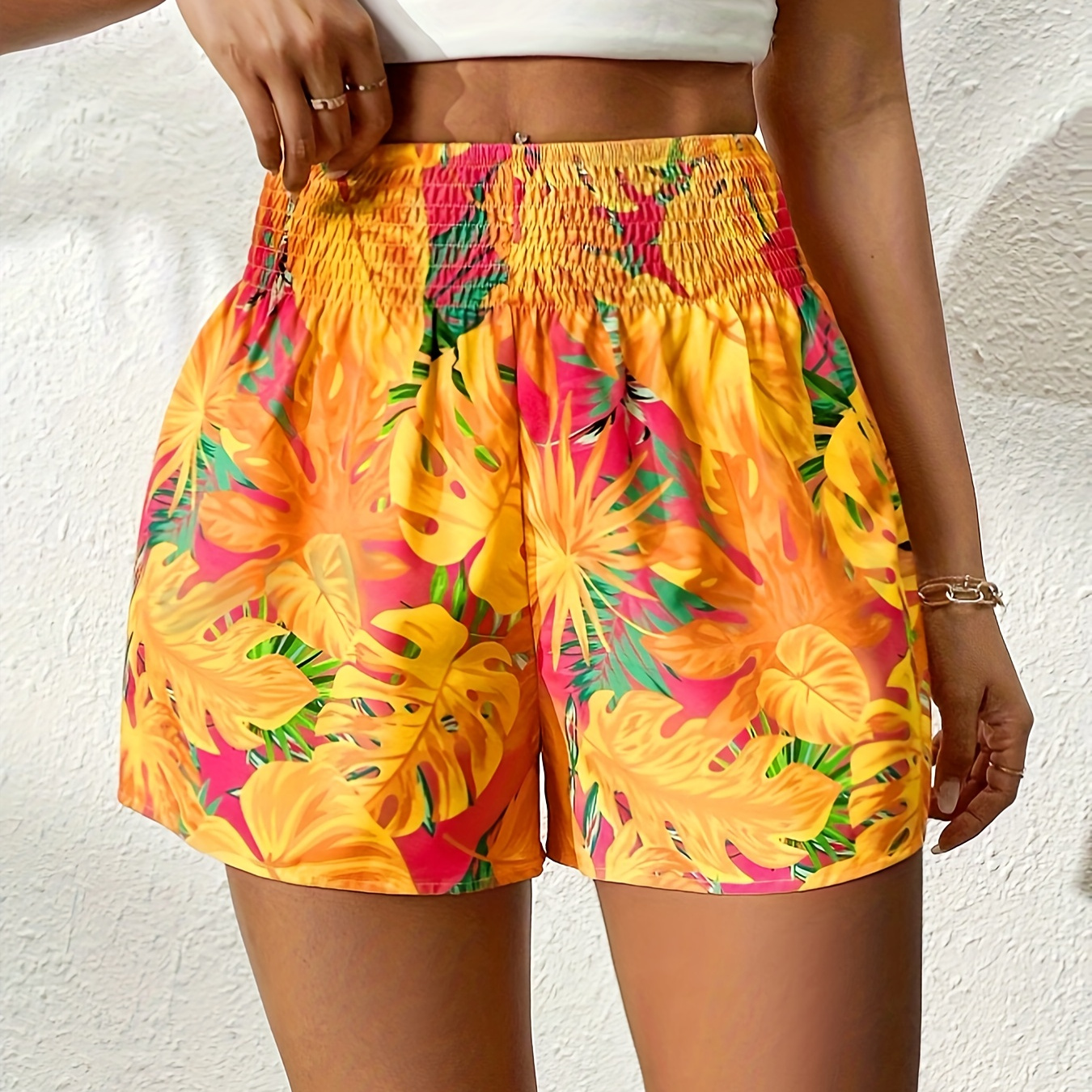 

Tropical Plant Print High Waist Shorts, Vacation Shirred Waist Shorts For Spring & Summer, Women's Clothing