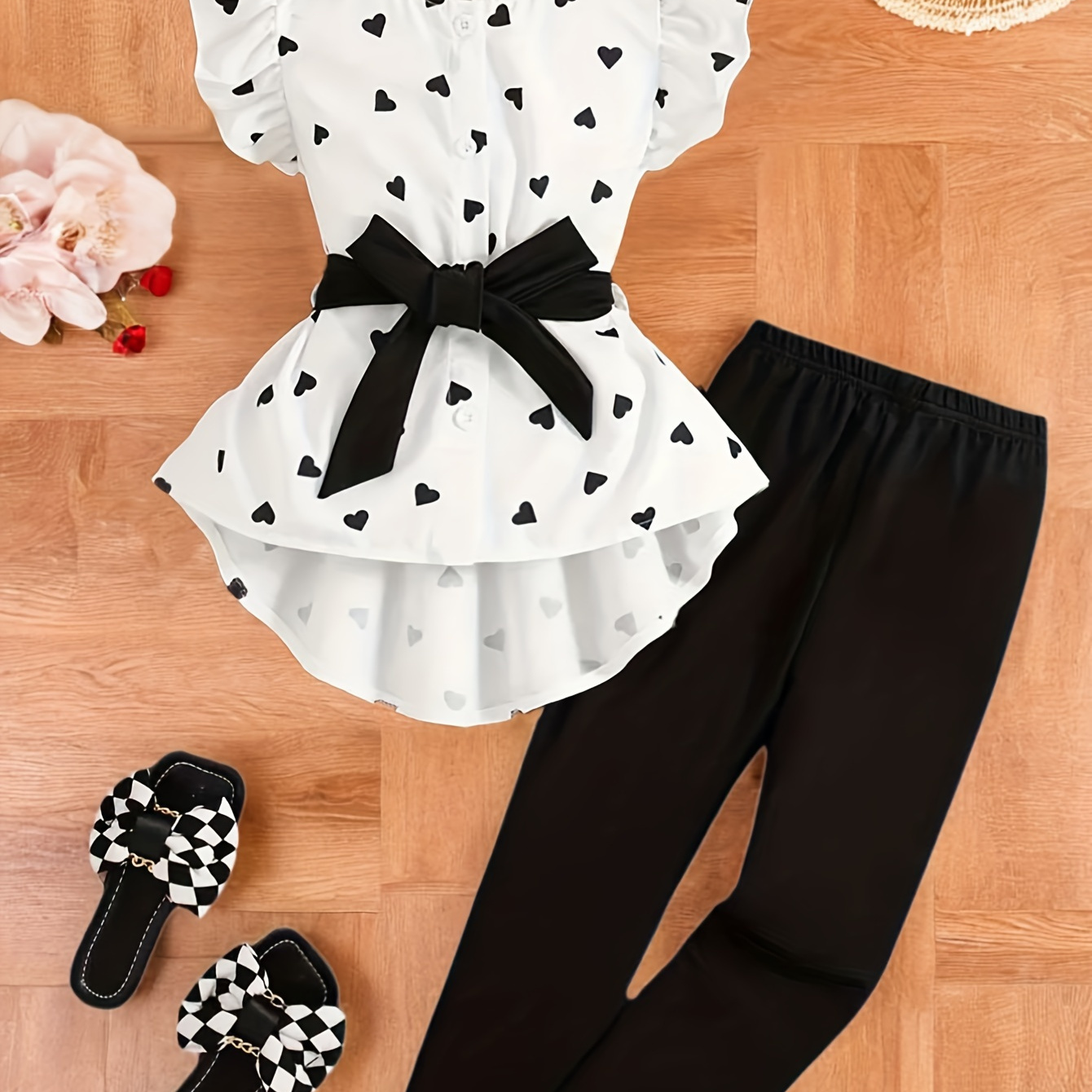 

2pcs, Allover Heart Print Short Sleeve Collar T-shirt With Belt + Solid Color Pants Set For Girls, Comfy And Trendy Summer Outfit