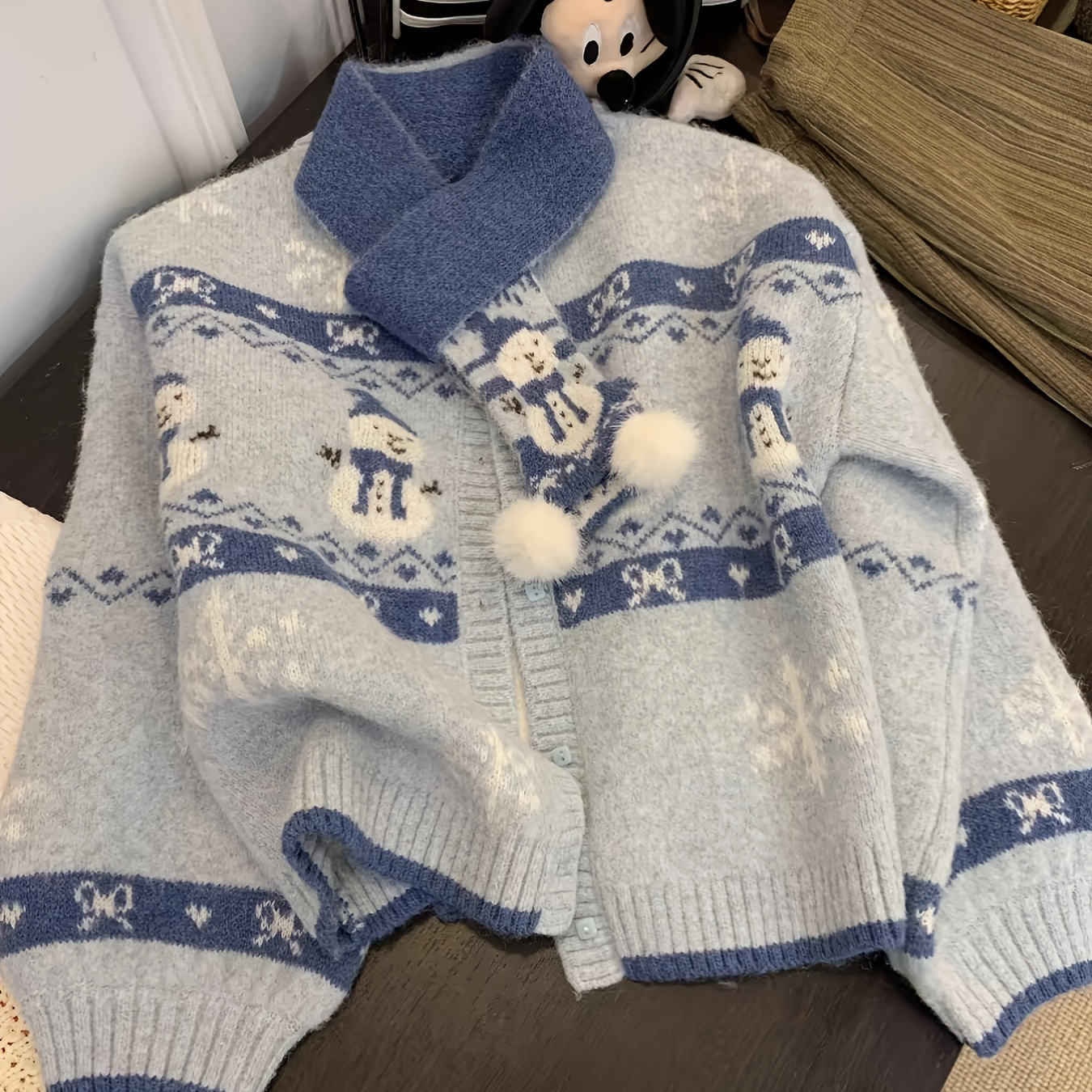 

1 Set Women's Acrylic Cartoon Snowman Knit Cardigan With Scarf - Neck Fall/winter Sweater Set, Soft And Cozy
