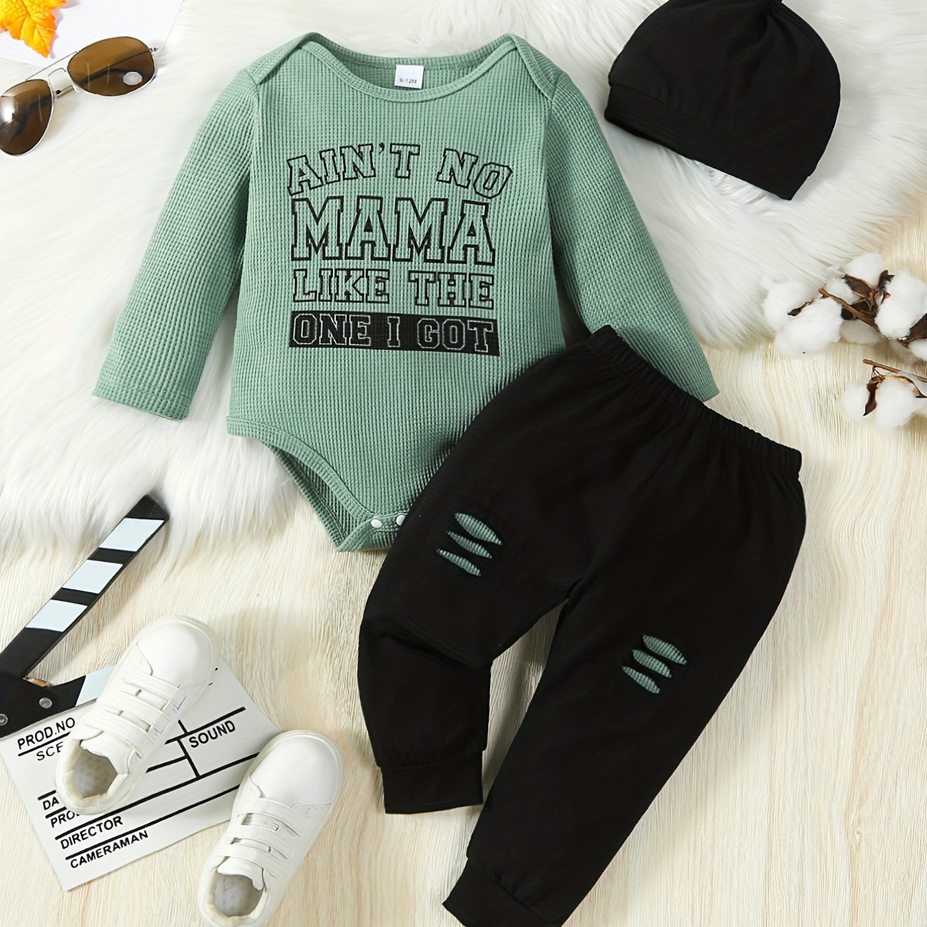 

2pcs Baby Boys Stylish Casual Letter Print Long Sleeve Triangle Bodysuit & Ripped Decor Knitted Trousers Set For Spring And Autumn