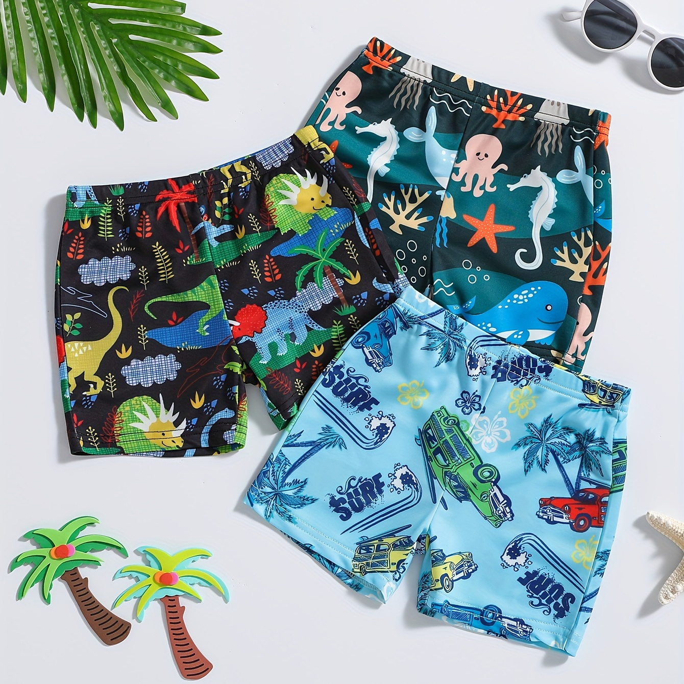 

3 Pieces Boys Cartoon Print Swim Trunks, Elastic Beach Shorts, Boys Clothing For Summer Vacation