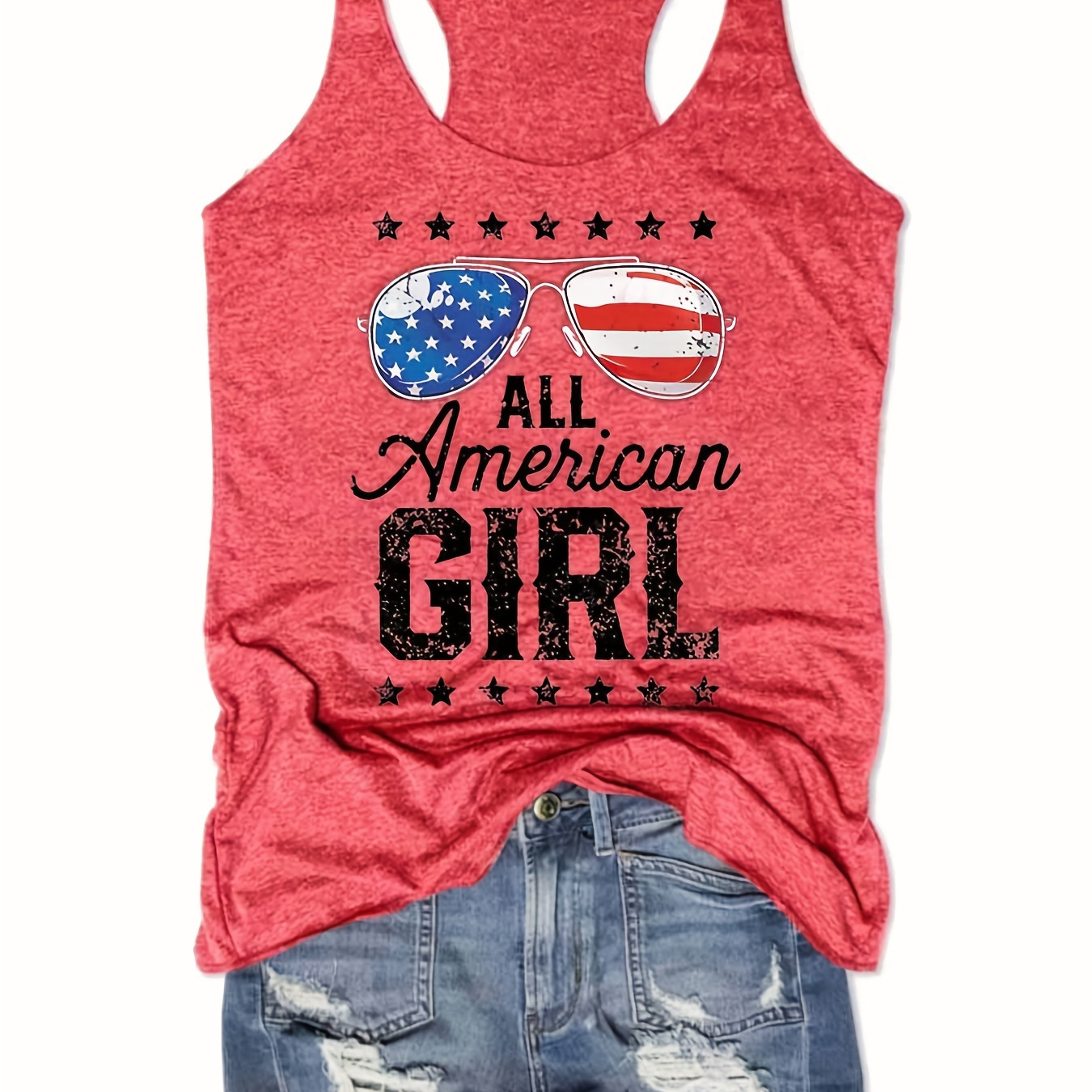 

Sunglasses With Usa Flag Pattern & Letter Print Tank Top, Fashion Sleeveless Summer Racer Back Sports Top, Women's Clothing