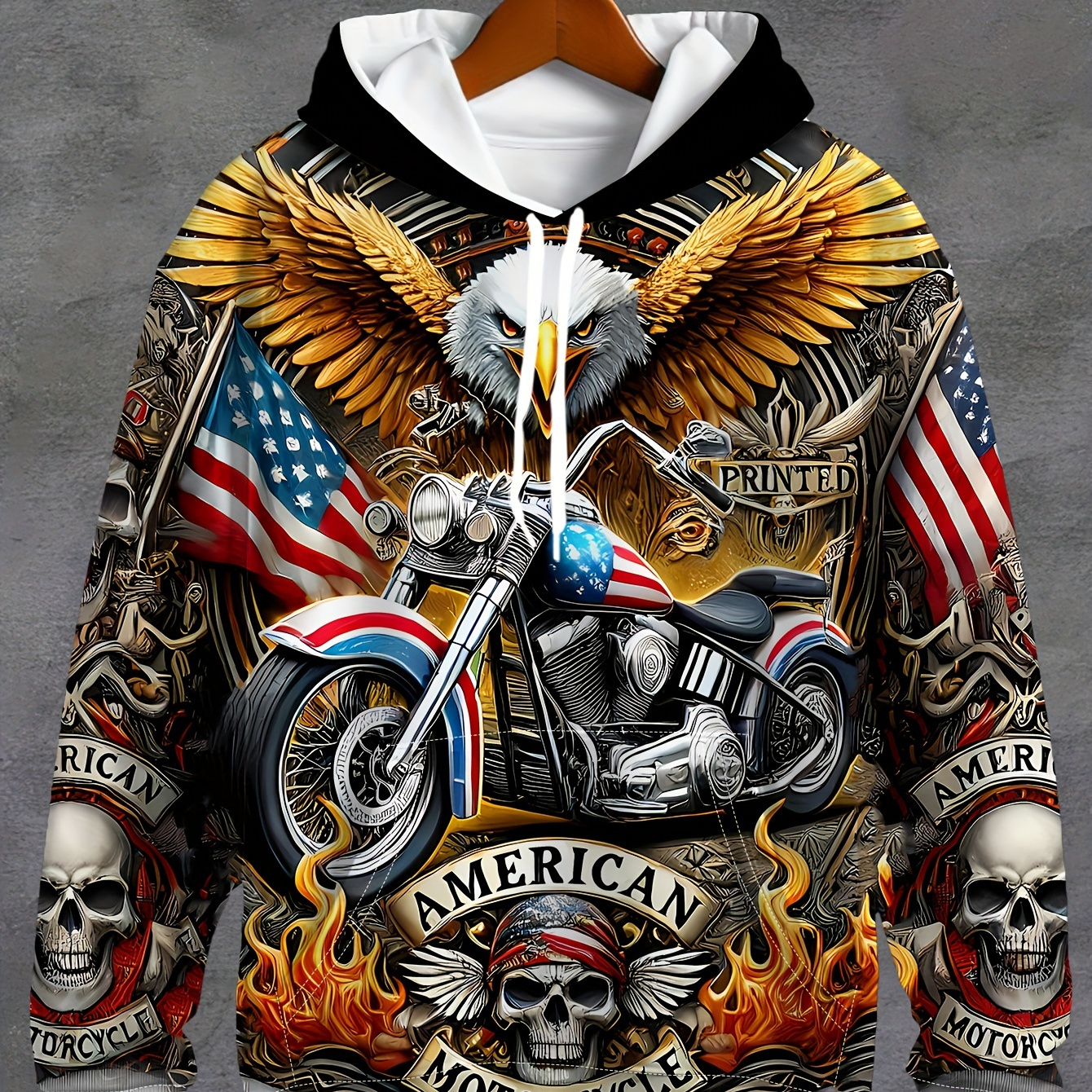 

Men's Patriotic Eagle & Motorcycle Graphic Hoodie - Long Sleeve, Casual Pullover With Drawstring Pocket, American , Polyester, Machine Washable For Fall/winter