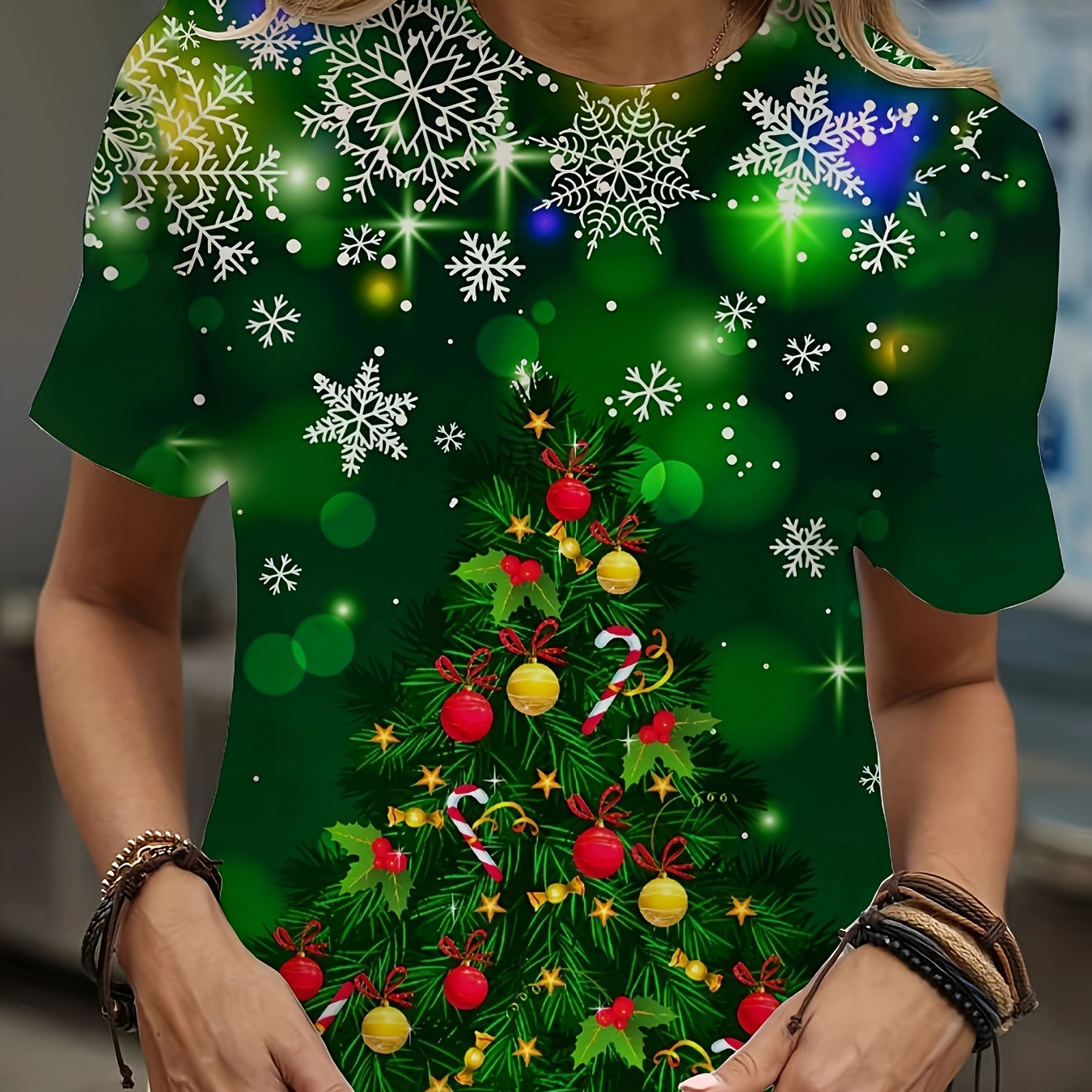 

Women's Casual Short Sleeve T-shirt With Unique Christmas Tree Print - Soft Polyester, Crew Neck, Machine Washable - Summer