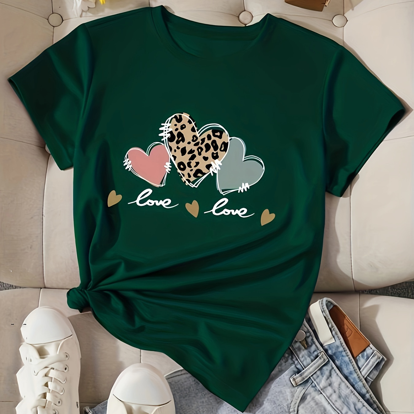 

Heart & Letter Print Crew Neck T-shirt, Casual Short Sleeve T-shirt For Spring & Summer, Women's Clothing