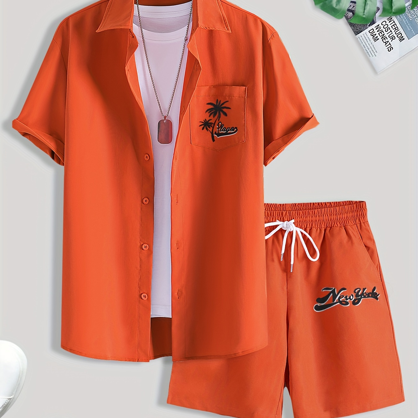 

2-piece Men's Stylish Summer Beach Wear Set, Letter Print Men's Short Sleeve Lapel Shirt With Chest Pocket & Drawstring Shorts Co Ord Set