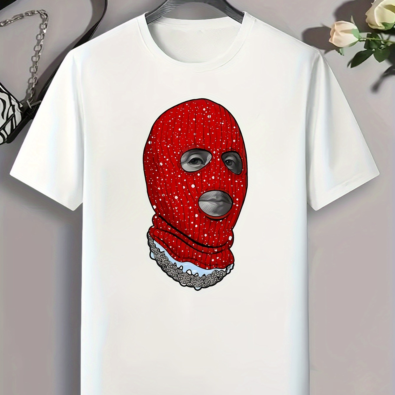 

red Headgear" Pattern Printing 100% Cotton Casual Novel Men's T-shirt, Short-sleeved Summer Shirt, Comfortable Fit, Fashionable Street Style Round Neck T-shirt, Suitable For Daily And Outdoor.