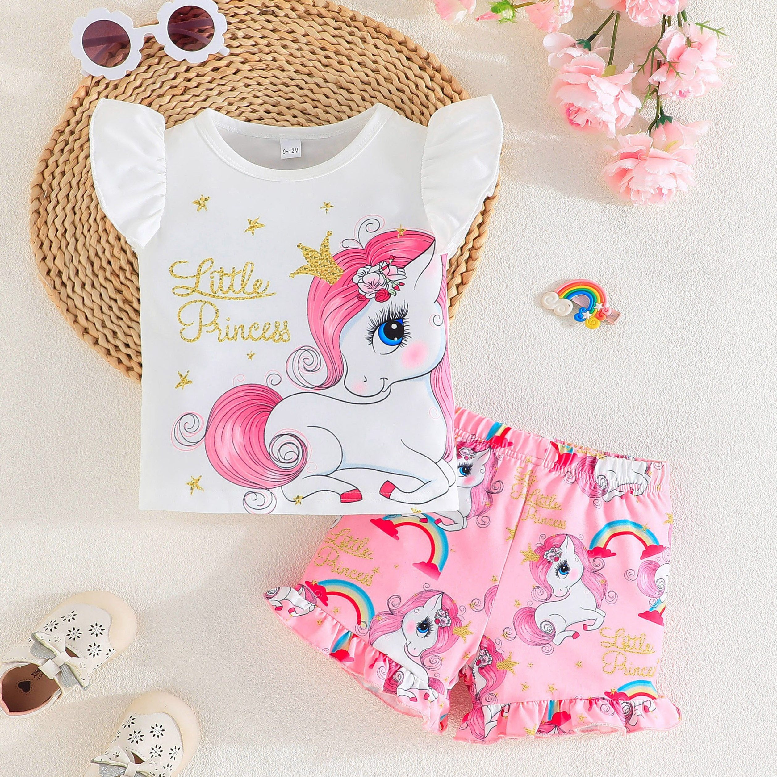 

2pcs Infant & Toddler's Cute Unicorn Print Lovely Outfit, Cap Sleeve Top & Ruffle Trim Shorts, Baby Girl's Clothes
