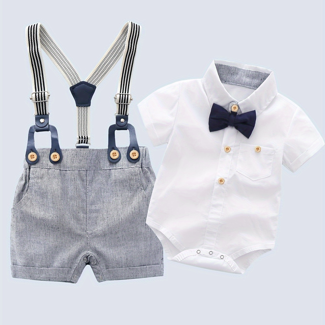 

Gentleman 2pcs Baby Boys Outfits White Shirt & Gray Overalls With Navy Blue Bow Tie For Birthday Party & Evening Party & Mountaineering & Wedding