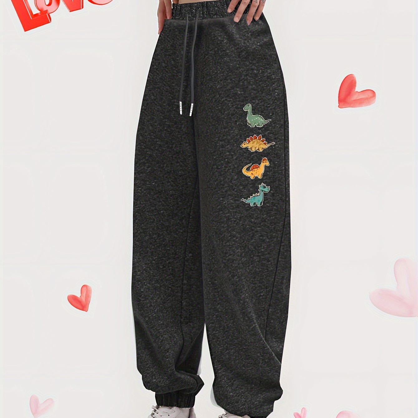 

Cute Dinosaur Print Versatile Jogger Pants, Elastic Waist Fashion Sweatpants, Women's Athleisure For Fall & Winter