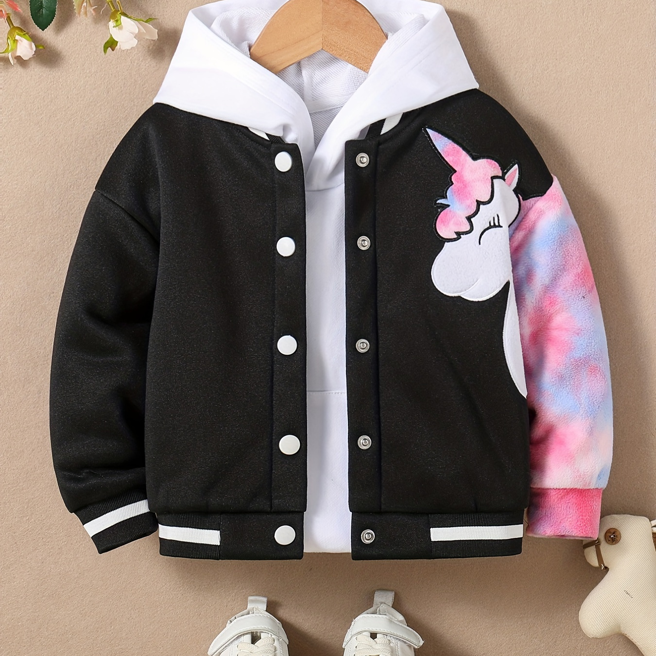 

Trendy Girls' Fleece Tie Dry Sleeve Varsity Jacket Without Hoodie, Unicorn Embroidery Button Up, Vintage For Autumn/ Winter, Gift