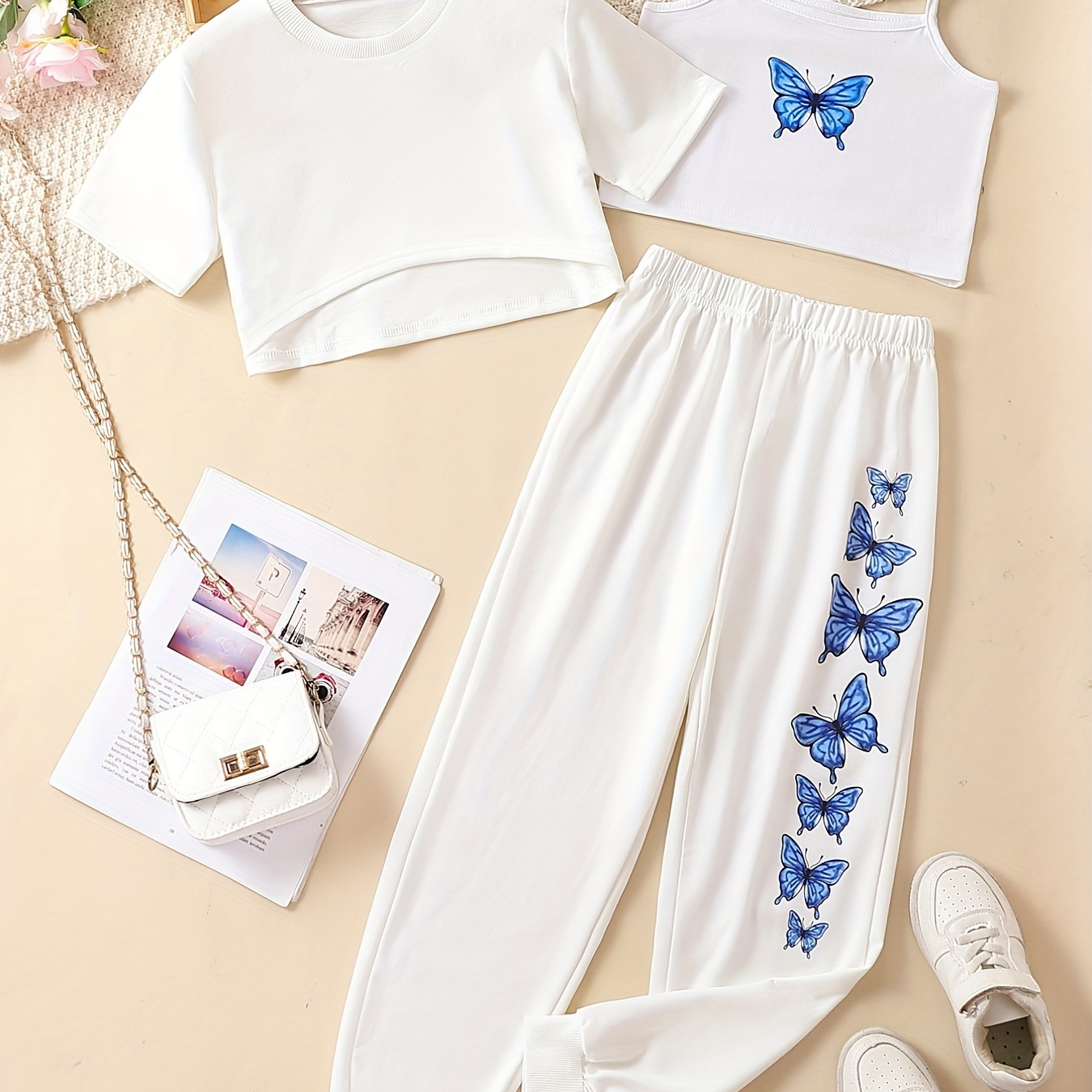 

Girls 3pcs Butterfly Graphic Casual Suit Camisole, Short Sleeve T-shirt Cover Up And Pants Set Kids Sports Leisure Suits Outfit