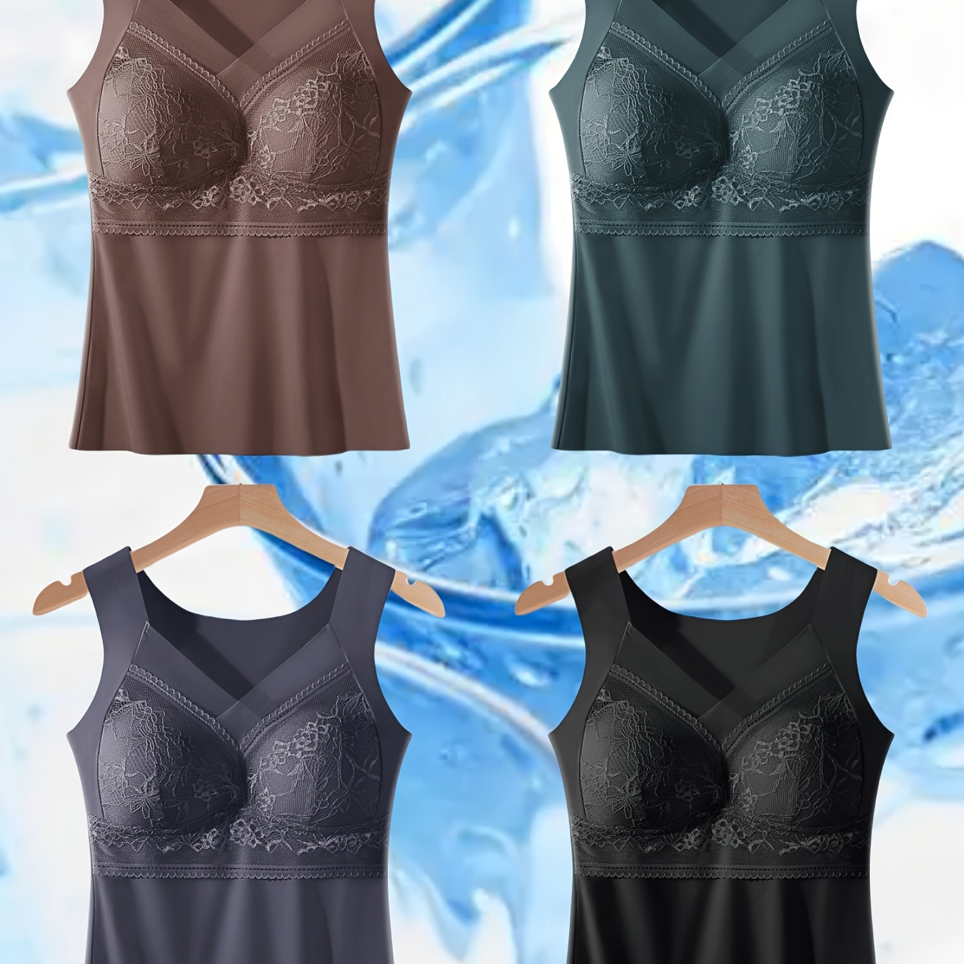 

4pcs Elegant Ice Silky Tank Top With Built-in Bra - Breathable, Seamless & Wire-free, Soft Fabric, Casual Attire, Tank Top