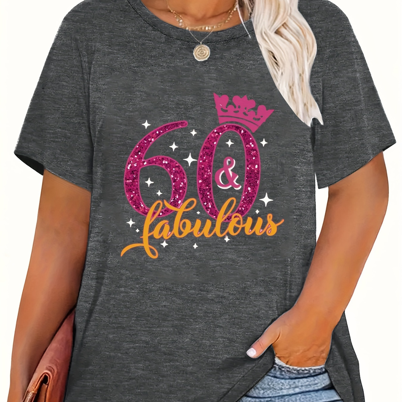 

Women's Plus Size 60th Birthday T-shirt, Round Neck, Polyester, Geometric Monogram Print, Stretch Knit Fabric, Casual Vacation Style, All Seasons