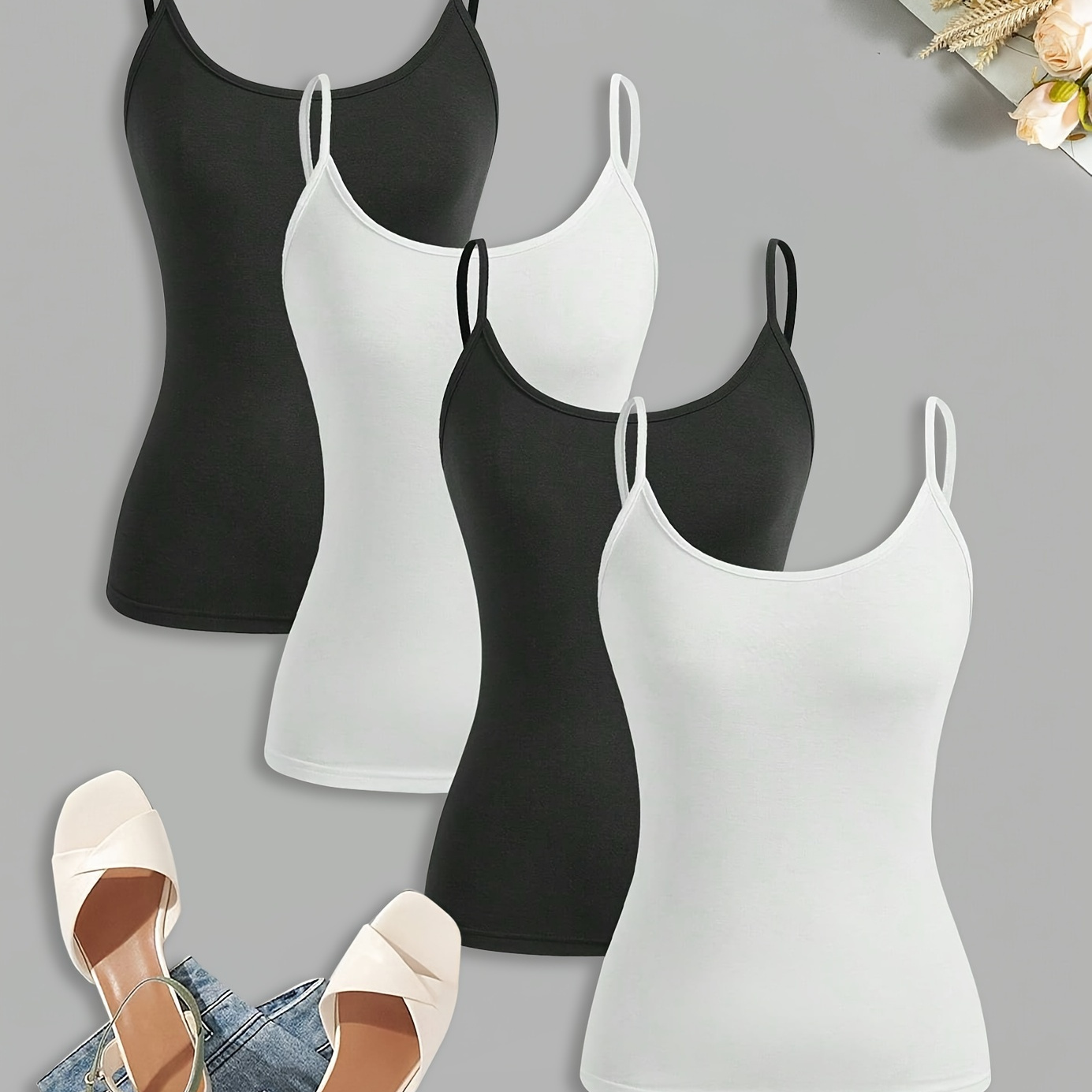 

4-pack Women' Color Size Tank Tops, Comfortable Polyester Spaghetti Strap Camisole, No Padding, Universal Season, Versatile Layering Camisoles