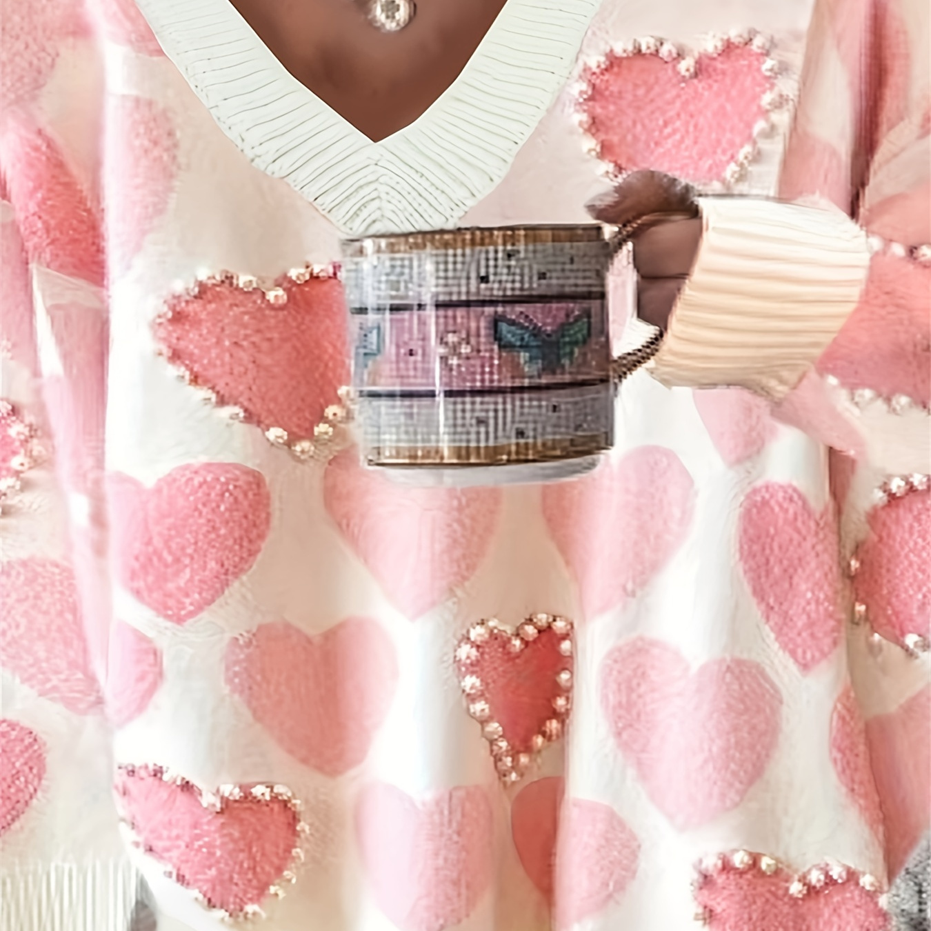 

Plus Size Cute Sweater, Women's Plus Faux Pearl Decor Heart Print Long Sleeve V Neck Pullover Jumper