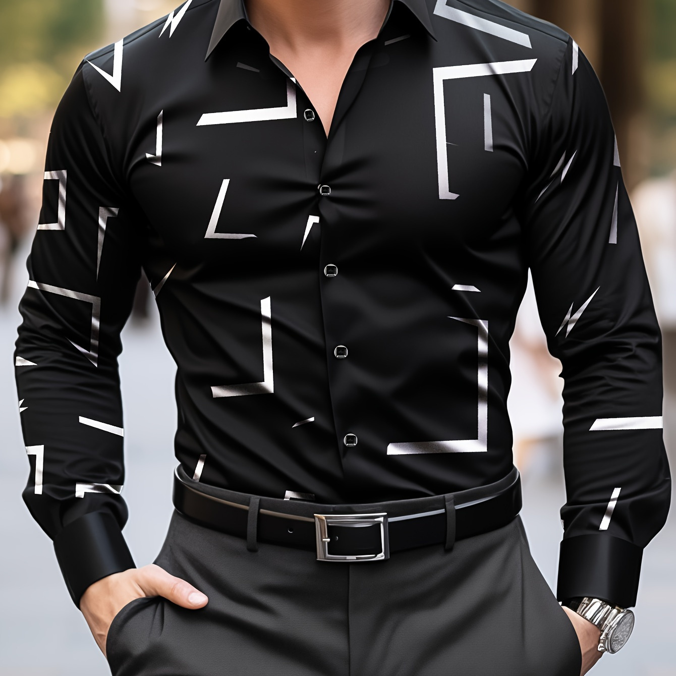 

Men' Geometric Pattern Print Shirt, Casual Long Sleeve Lapel Button Up Shirt For Outdoor