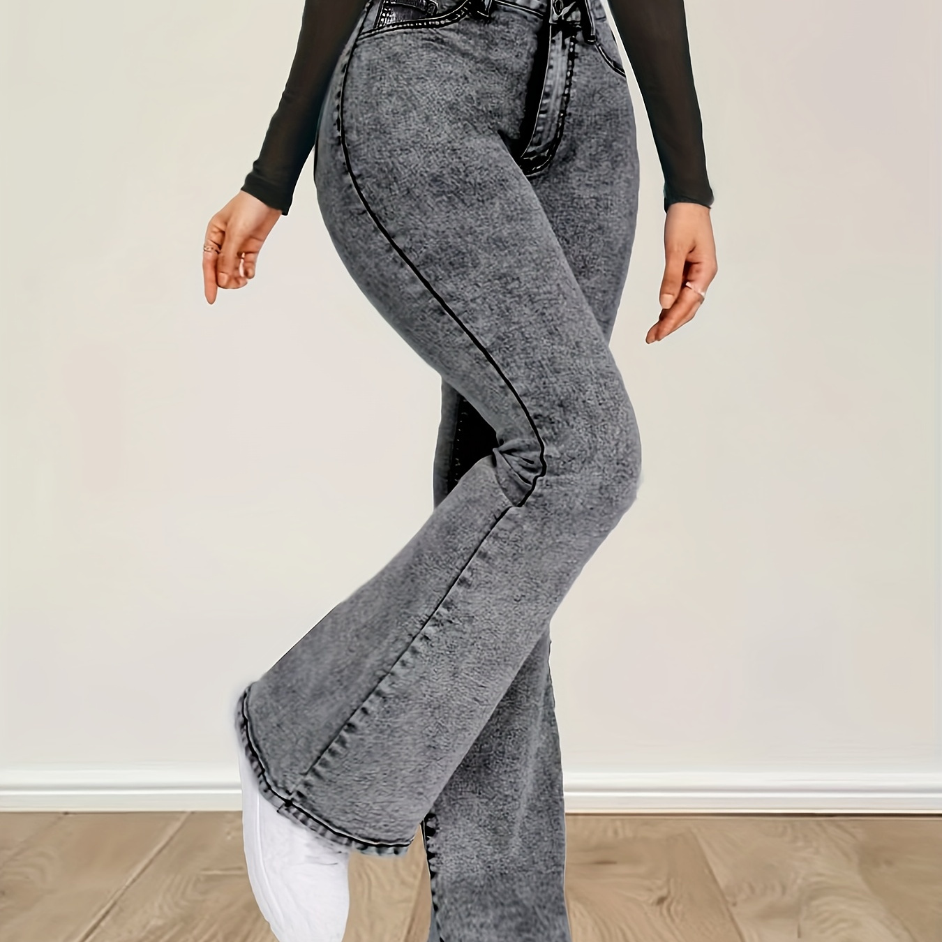 

Women's Stretch Denim Flare Jeans - Casual High-waist Flakes Pattern Grey Bell Bottoms With Button Fly Closure