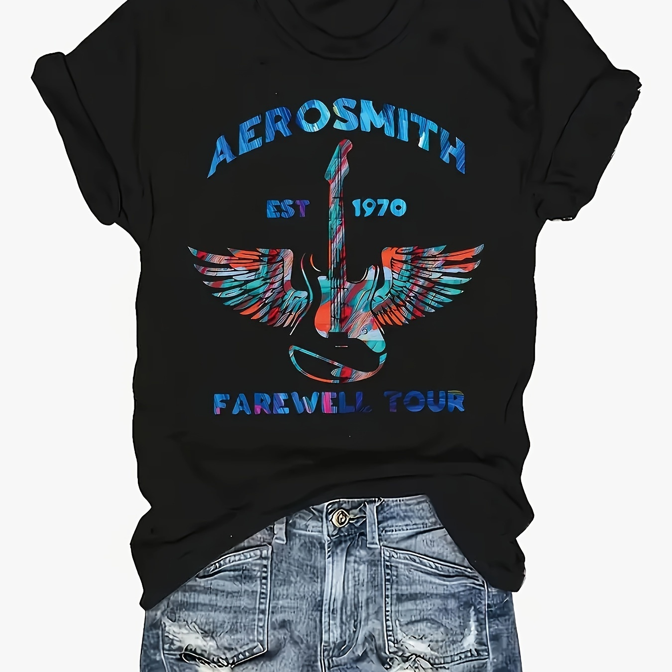 

Winged Guitar & Letter Print Casual T-shirt, Crew Neck Short Sleeve Top For Spring & Summer, Women's Clothing