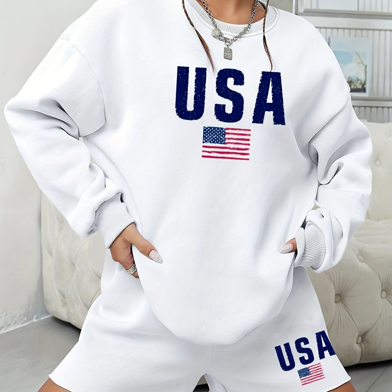 

Autumn/winter American Flag And Letter Pattern Shoulder Sports Hoodie And Shorts Women's Set