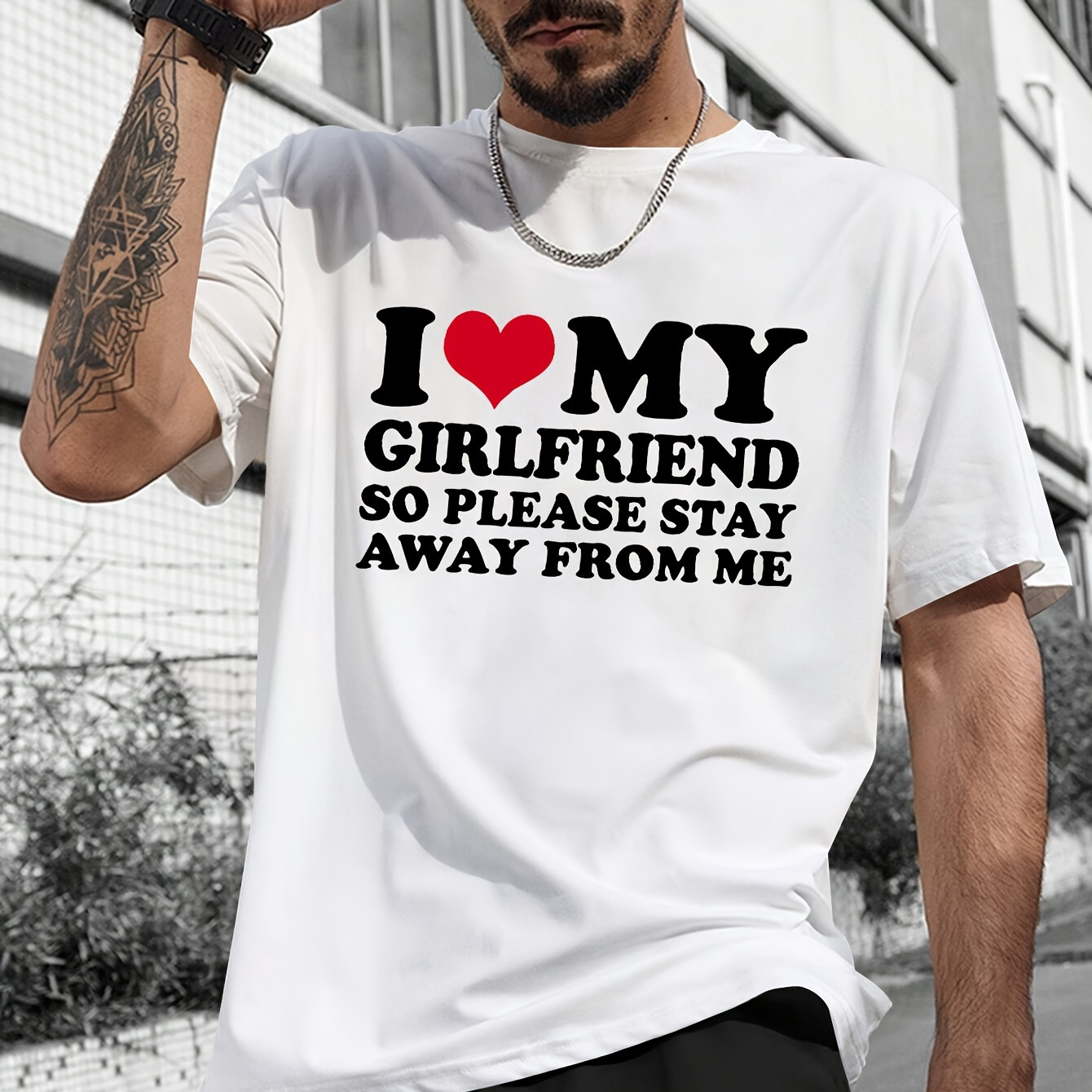 

I Love My Girlfriend" Creative Print Casual Novelty T-shirt For Men, Short Sleeve Summer& Spring Top, Comfort Fit, Stylish Streetwear Crew Neck Tee For Daily Wear