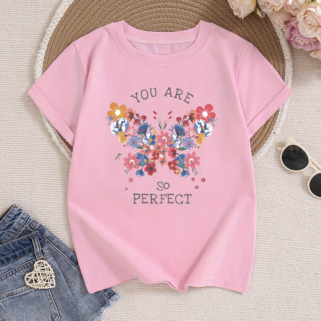 

95% Cotton, Flower Butterfly & You Are So Perfect Pattern Short Sleeve T-shirt Pullover For Girls Summer Outdoor Gift