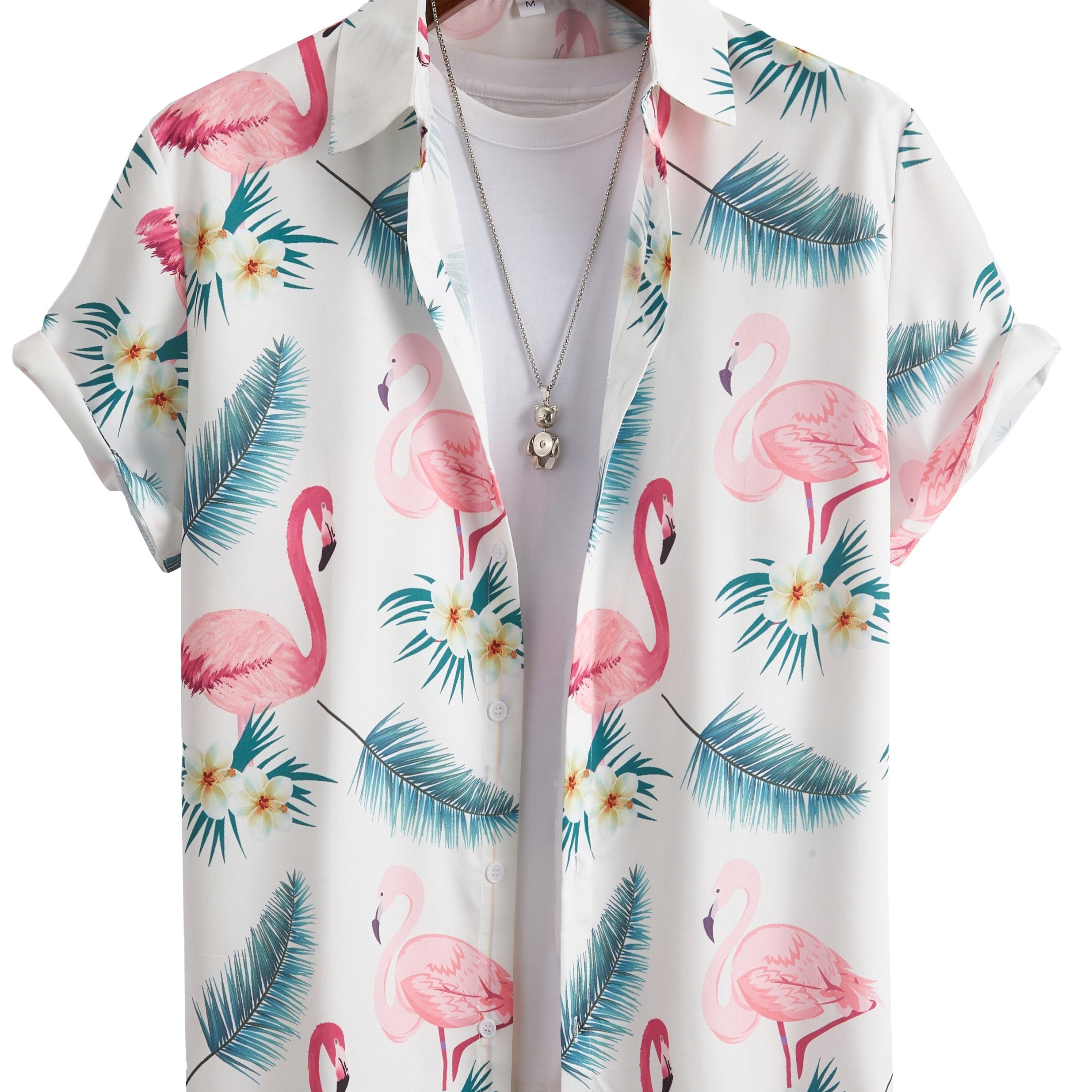 

Bohemian Style Flamingo & Leaf Print Men's Short Sleeve Lapel Shirt, Summer Beach Vacation